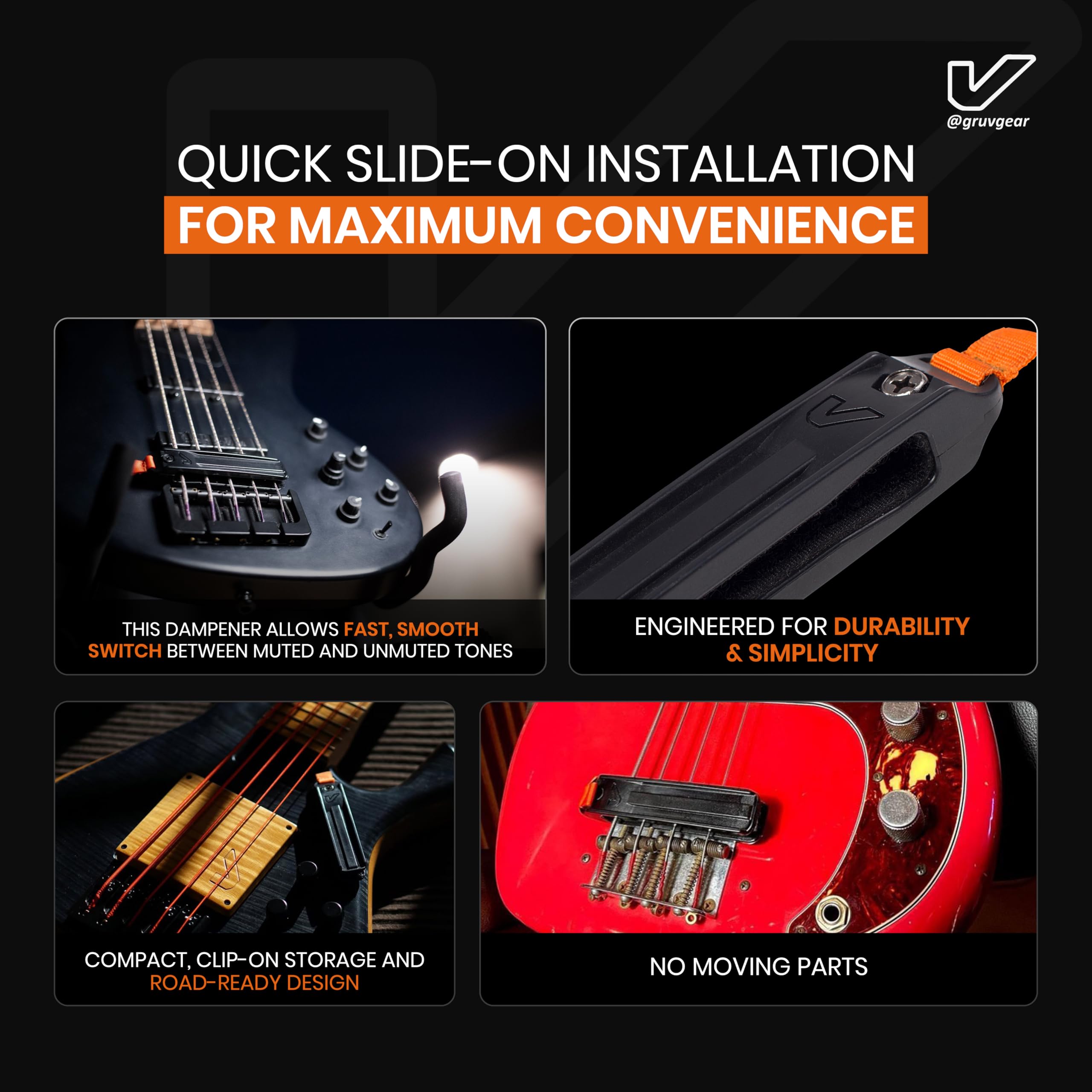 Gruv Gear Fump Bridge-Side Dampener / Muter with No Palm Pressure & Instant Mounting for 4-5 String Electric Bass Guitar - Short, Crisp Notes for Old-School Tone - Black