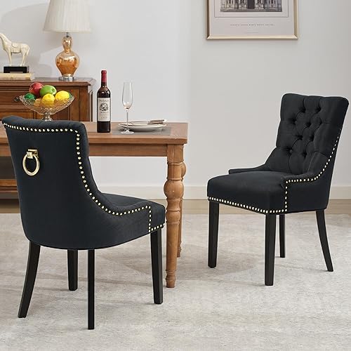 Miniatura 24 de Sillas de comedor tapizadas con brazos, juego de 2, sillas de comedor con patas de madera maciza y respaldo copetudo (lino + gris) Gris