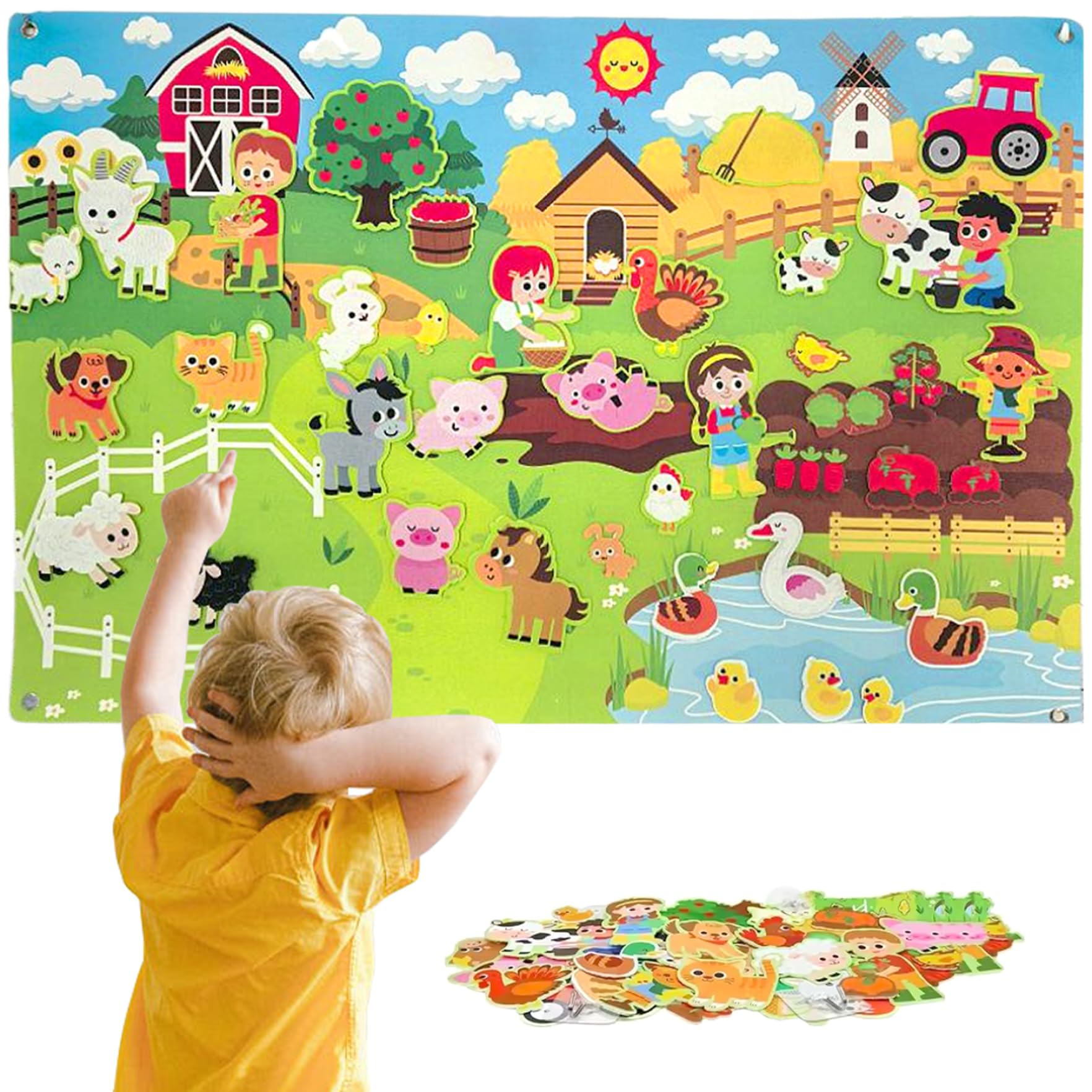 Set di tavolette in feltro con animali da fattoria, 41x30 pollici, narrazione interattiva, giocattoli da tavolo per bambini piccoli, attività di apprendimento precoce sulle pareti in feltro per bam