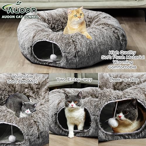 Vista 60 de AUOON Cama de túnel para gatos con alfombrilla central, juguetes de tubo grande, material de felpa suave, forma de luna llena para gatitos, gatos