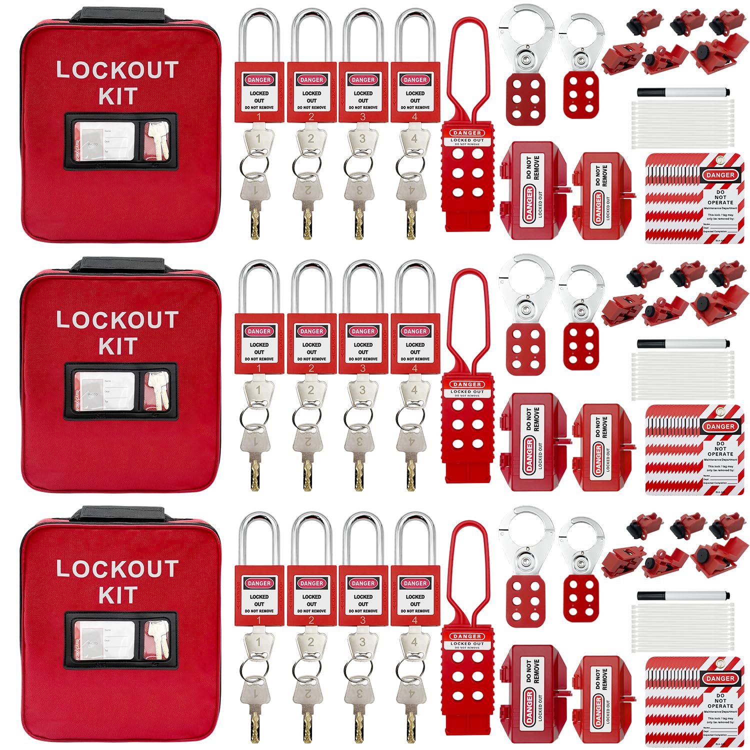 Photo 1 of SAFBY 3-in-1 Lockout Tagout (Loto) Kit–Complete OSHA Safety Group Lock Out Hasps, Tag Out Clamp-On Circuit Breaker Lockout for Universal Multi- Pole Breaker Electrical Kits Station (3 Kits in 1)