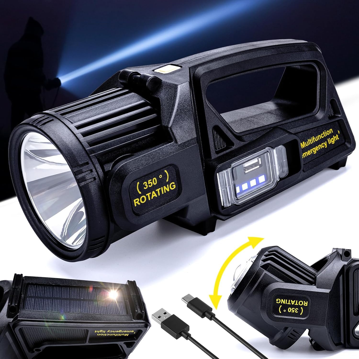 Rhyhorn Rechargeable Spotlight,1,00,000 Lumens Led Spot Lights Handheld Large Flashlight Super Bright Outdoor Solar Spotlights Searchlight with Cob Light, 9 Modes, IPX5 Waterproof-image-47