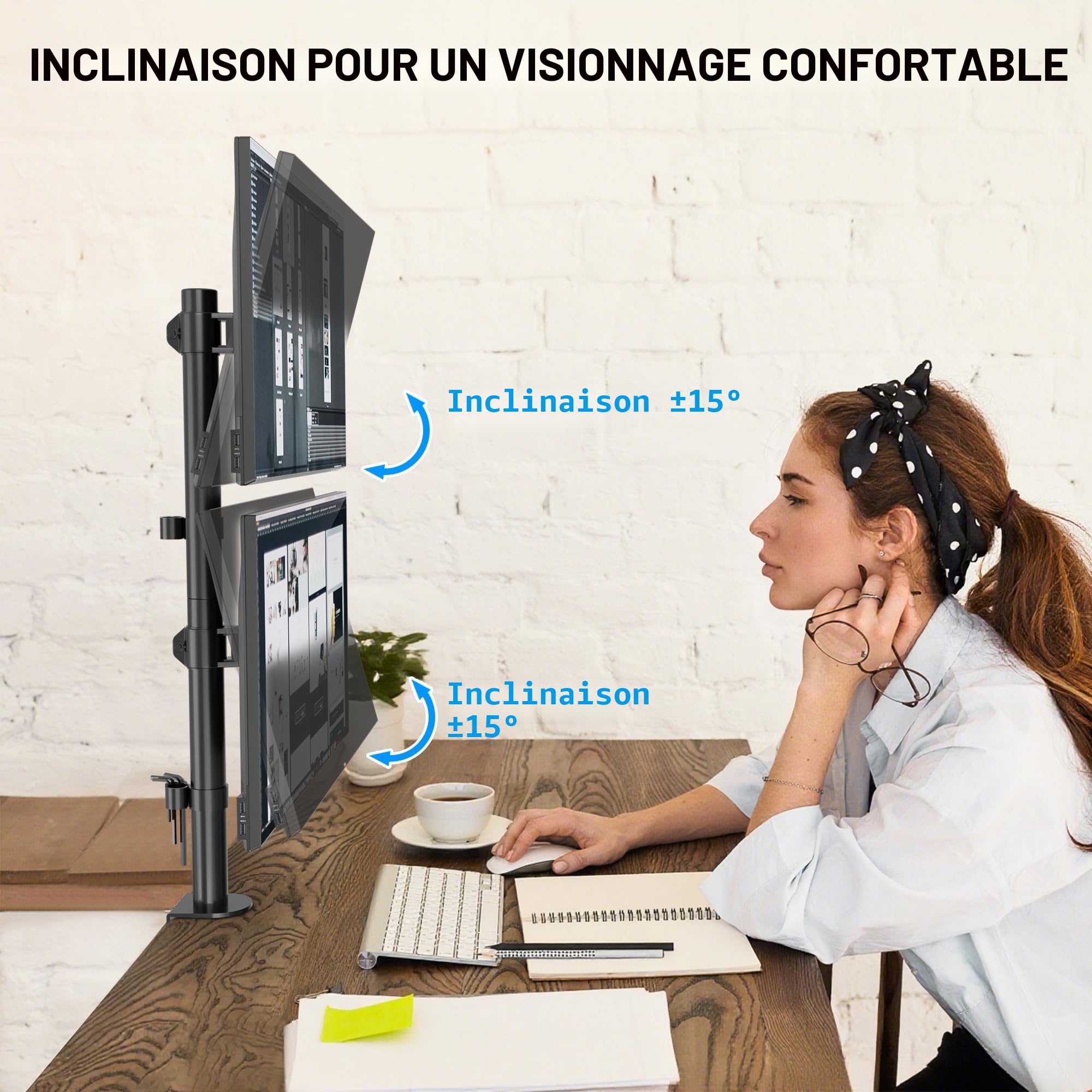 BONTEC Support Ecran PC Double Vertical pour 2 Moniteurs 13-34 Pouces, Bras Articule VESA 75x75/100x100mm, 10kg, Rotation 360, Inclinaison ±15°, Pince en C