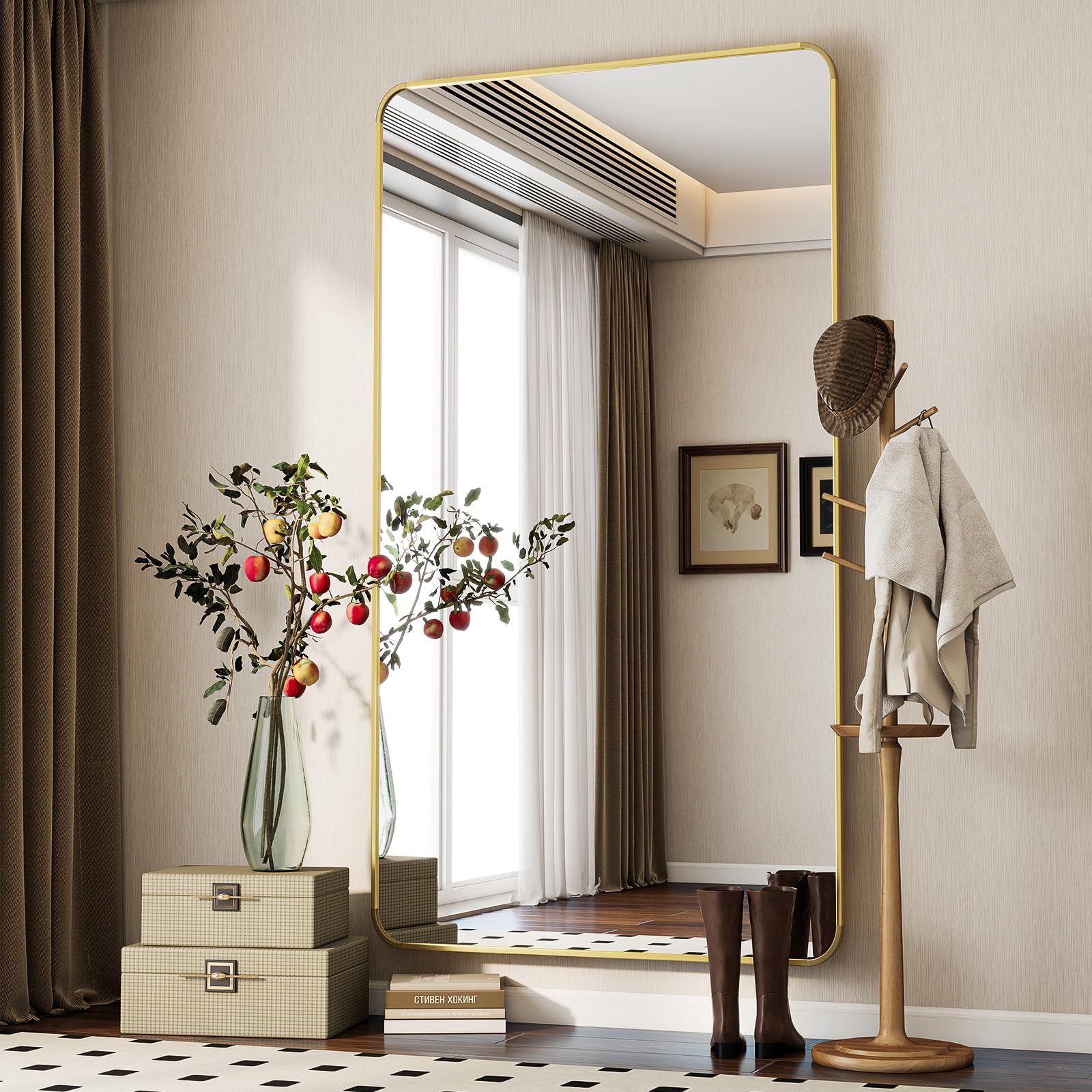 Koonmi Gold Full Length Mirror, 171 X 76 Cm, Rectangle Round Corner Full Body Mirror With Stand, Aluminium Alloy Frame, Tempered Glass, For Bedroom, Living Room, Cloakroom,