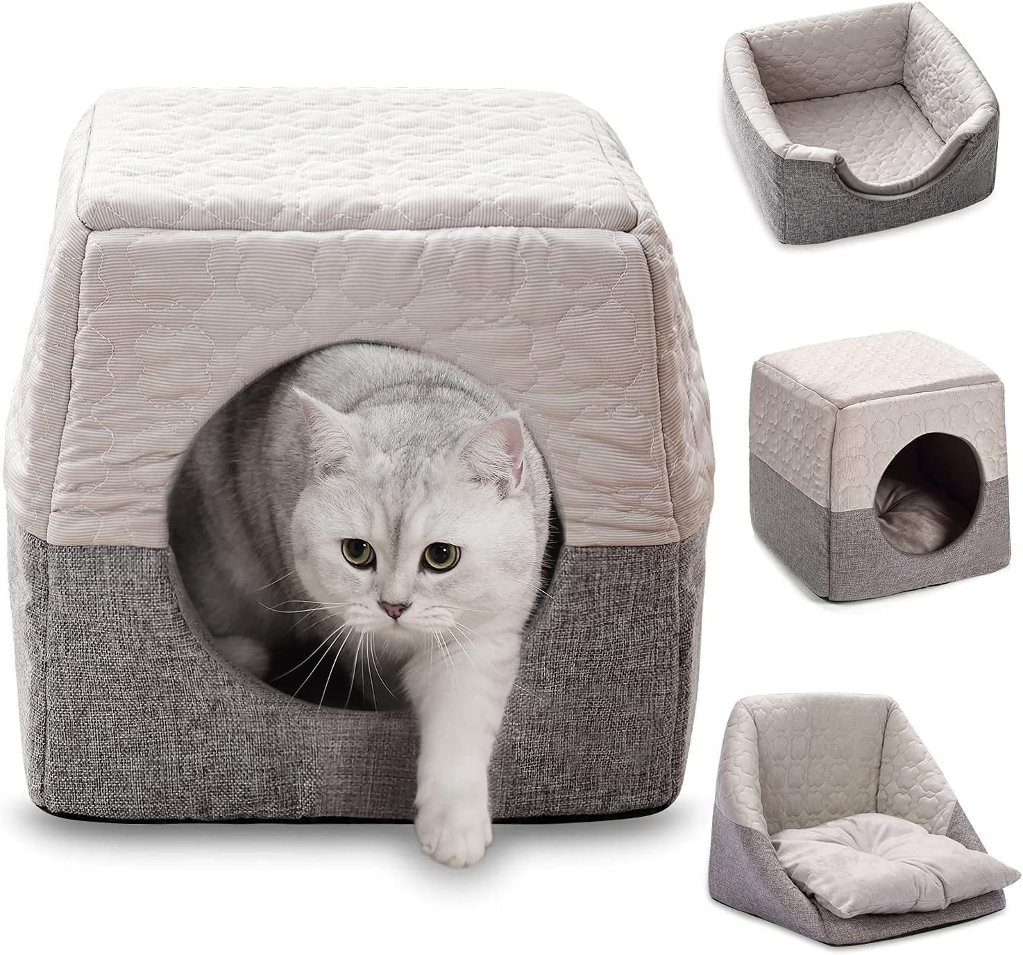 Mumoo Bear Cat Cave Bed for Indoor Cats up to 7kg, 37x33x30cm 3 in 1 Warm Cave Cat House Cat Sofa Bed Foldable Microfiber Tent with Removable Washable Cushion Pillow for Kitten Cats Small Pets