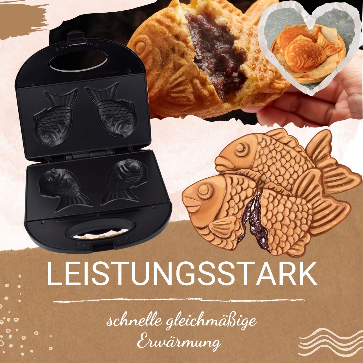Syntrox Taiyaki Maker | Grill | Fisch Waffeleisen Fischform | Japanisches Gebäck, 750W, japanische Süßspeisen, Überhitzungsschutz, Küchenhelfer, rutschfeste Backplatte, Edelstahl
