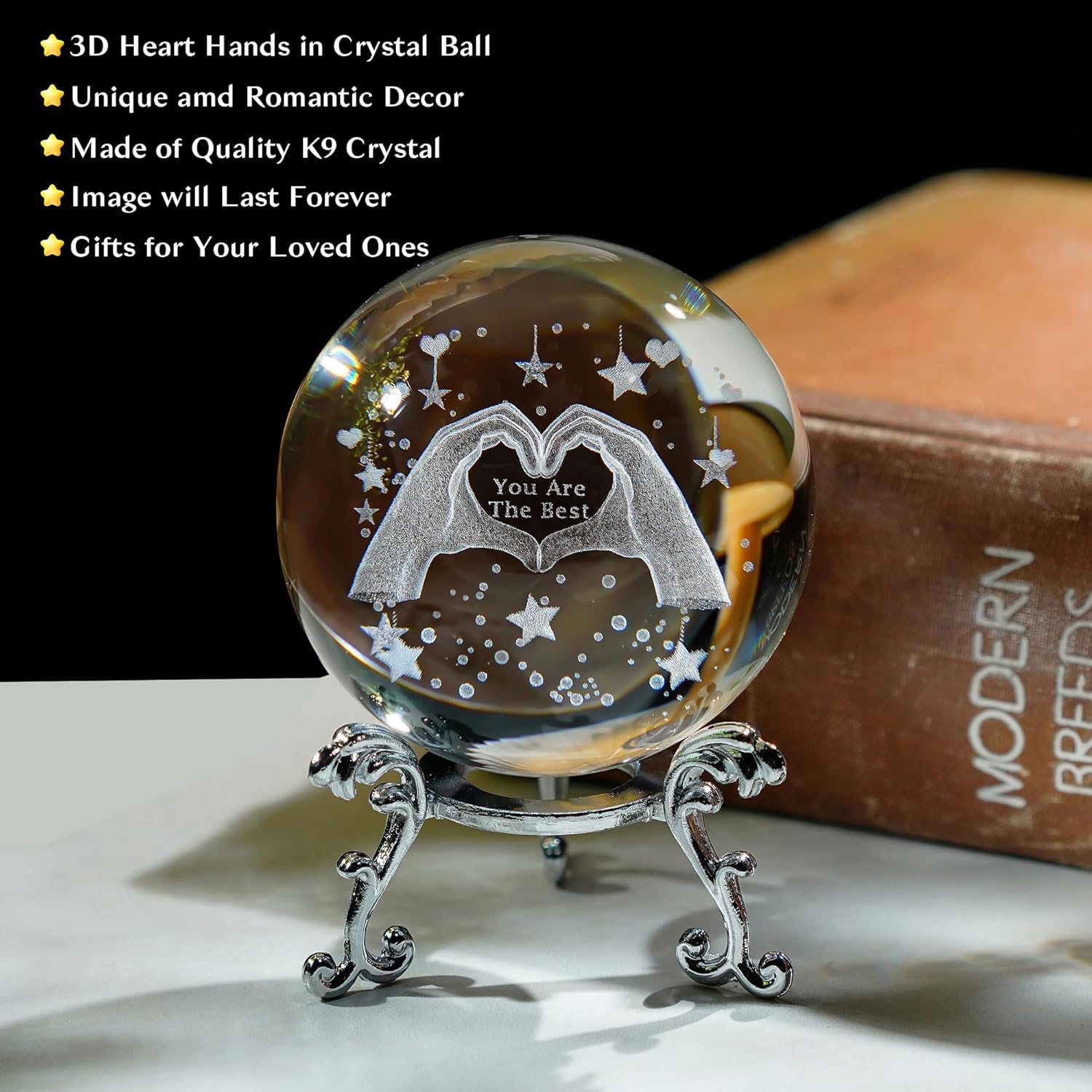 HDCRYSTALGIFTS 60mm 3D Laser Engraved Heart Hands Crystal Ball Paperweight Love Finger Valentines Figurines Gift for Women, Glass Decorative Ball Sphere for Shelf Living Room - Image 2
