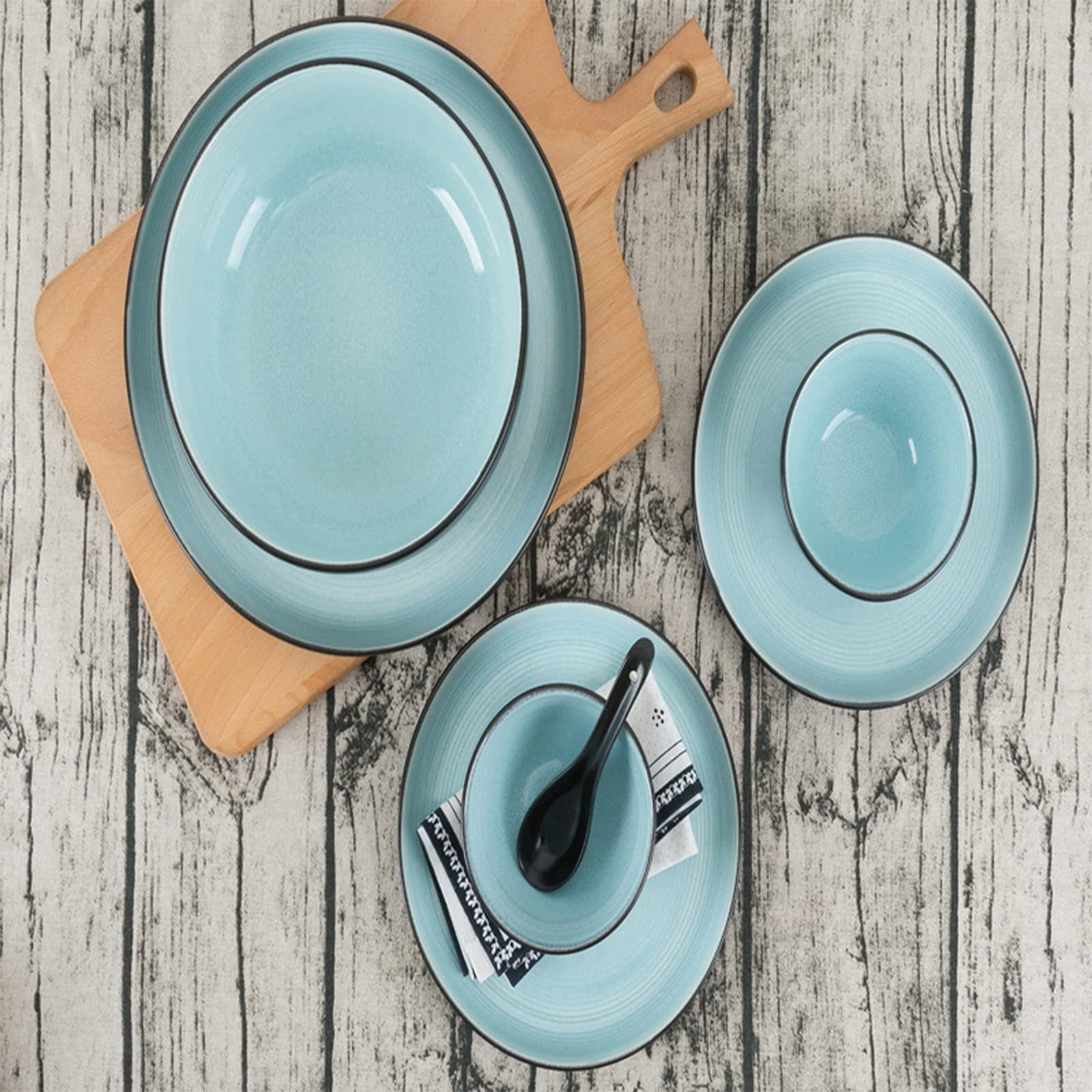 Geschirrset 18-teilig, Steingut-Geschirr, Tafelservice für 4 Personen, Geschirrset im Vintage-Look, splitterfestes Geschirrset mit Essteller, Dessertteller, Schleife