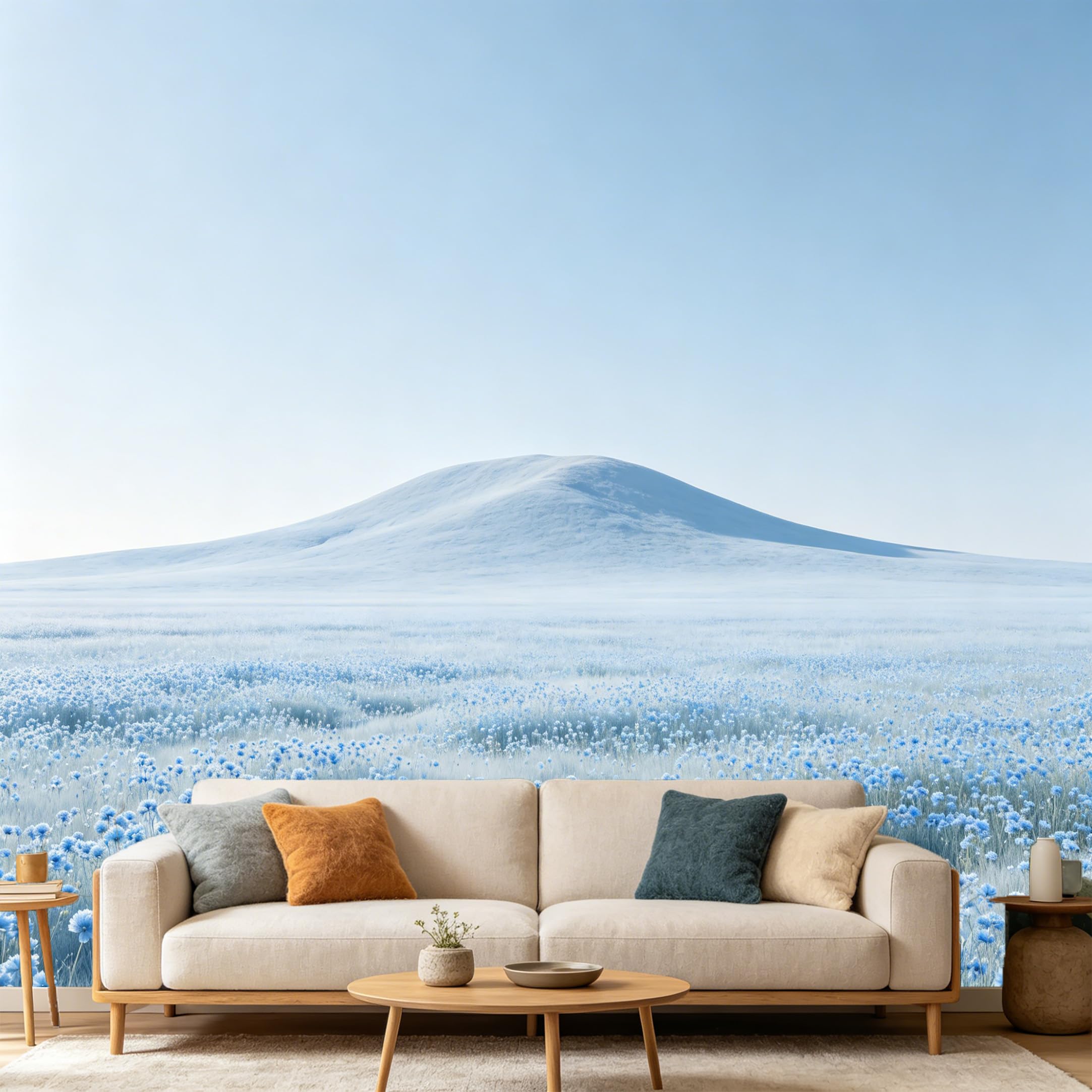 Custom Size Wall Mural Minimalist Blue Landscape Snowy Hill Meadow Floral SelfAdhesive Art Prints wall Fabric（No PVC） Removable Wallpaper Home Bedroom Decor