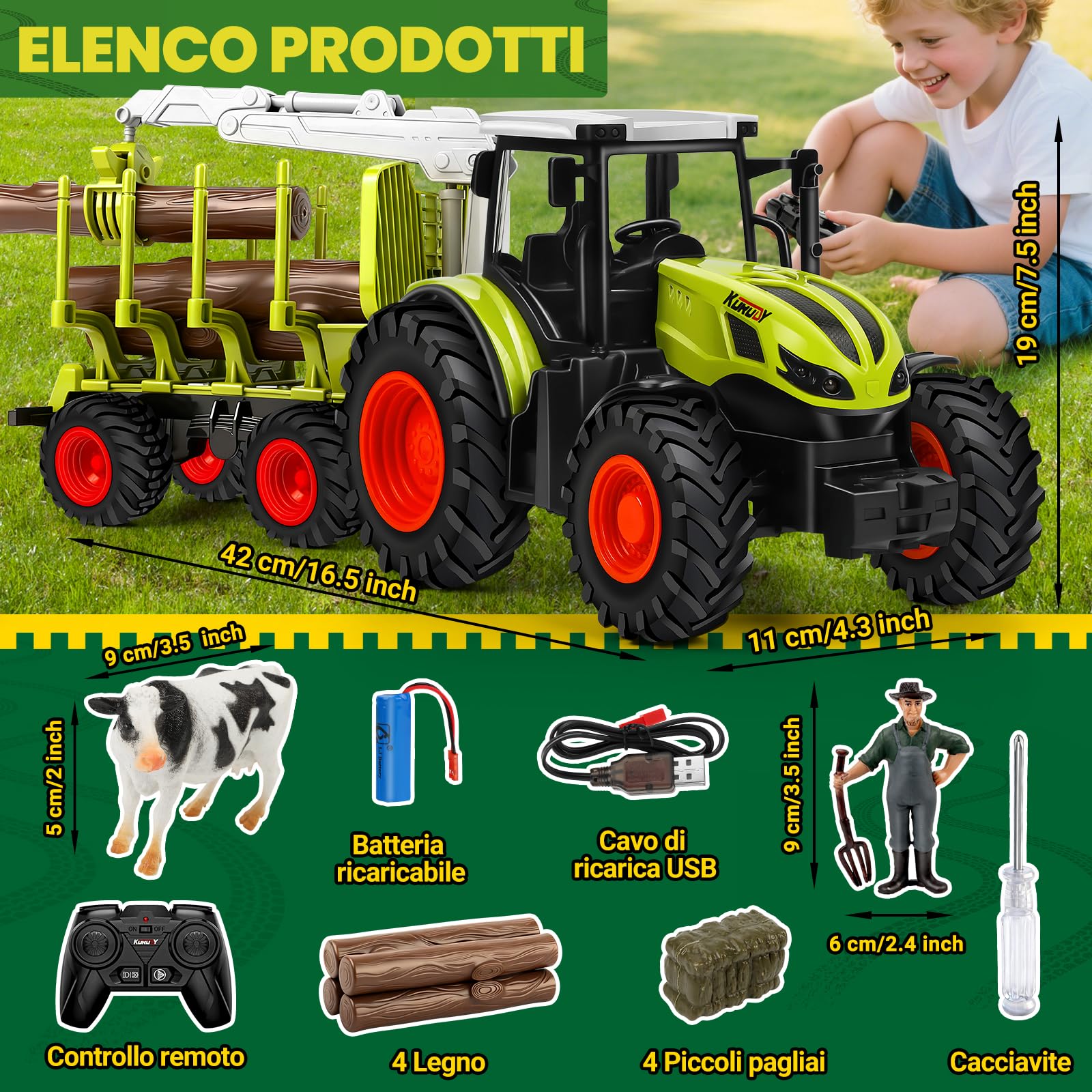 BuzzoXerex RC Trattore Telecomandato per Bambini, 2,4 Hz Trattore Radiocomandato con Rimorchio Giocattolo e Luce, Trattore Giocattolo per Bambini 3 4 5 anni