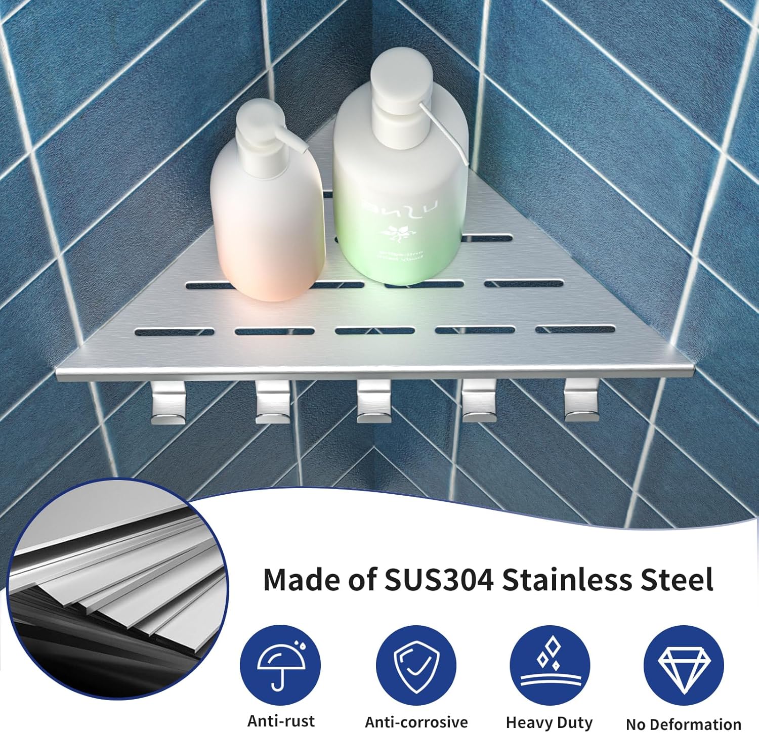 10'' Corner Shower Shelf, 304 Stainless Steel Shelves for Bathroom, Grout in Shelf with Hooks for Tiled Wall (Brushed)