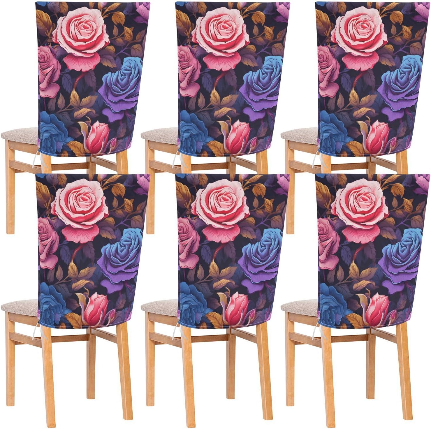 ALAZA Red Pink Blue Roses Chair Back Cover Set of 6, Washable Reusable Removable Chair Slipcovers Decorative Chair Cover for Home Kitchen Wedding Party