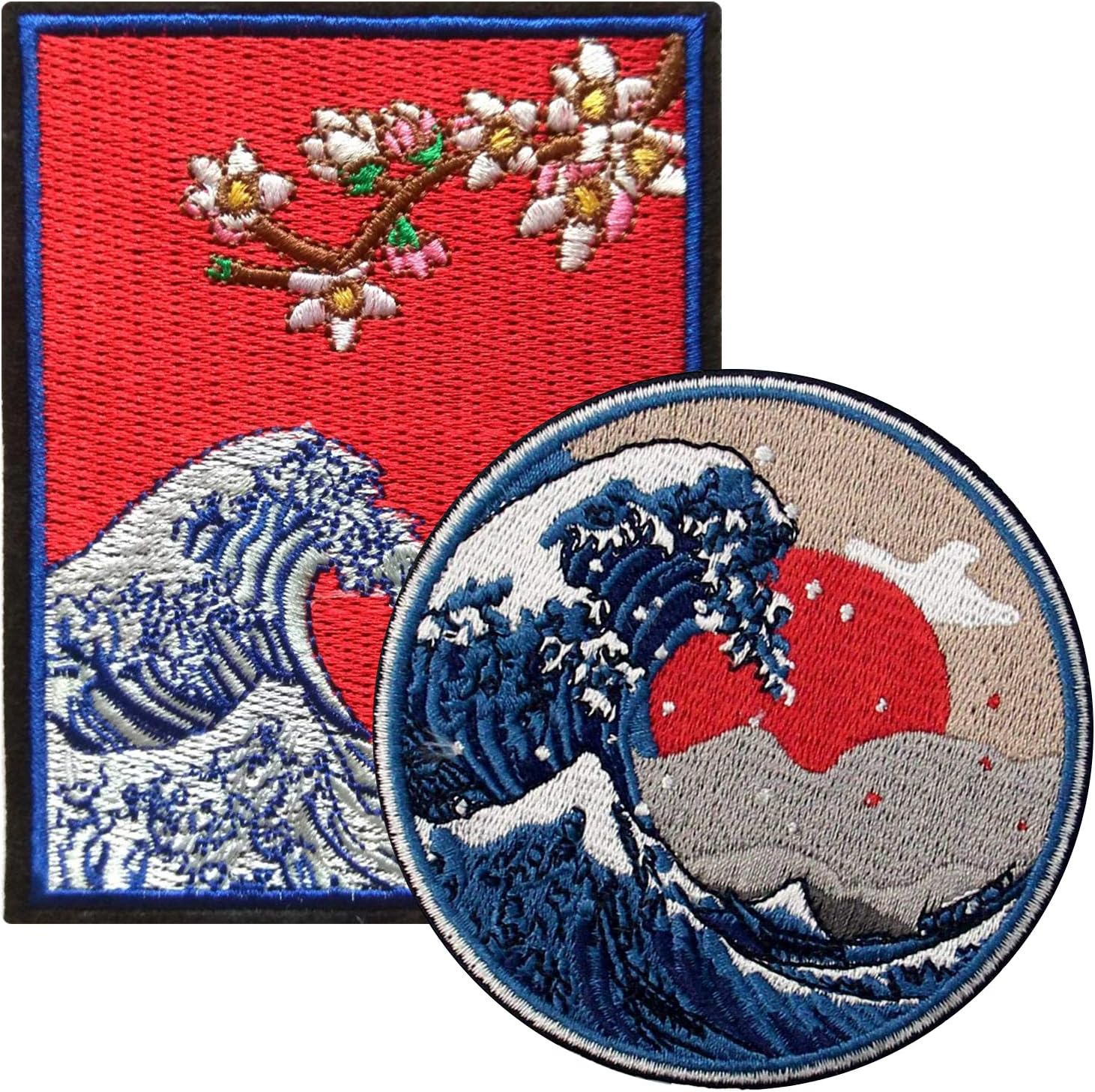 Ebateck Kanagawa Wave Patch Sew On Iron On Patches, 2 Pack Large Size, Embroidered Applique Badge Great for Jackets Backpacks Hats, Japanese Folk Art Gift