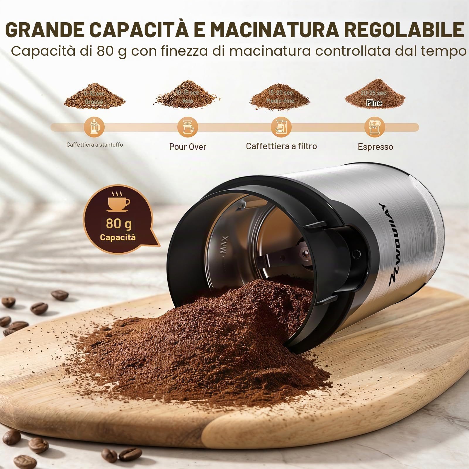 Macinacaffè Elettrico 300W Capacità 80g e Lama in Acciaio Inossidabile Macinacaffè Versatile, Adatto per Macinare Chicchi di Caffè, Spezie Facile da Usare e Pulire Perfetto per Casa o Viaggi