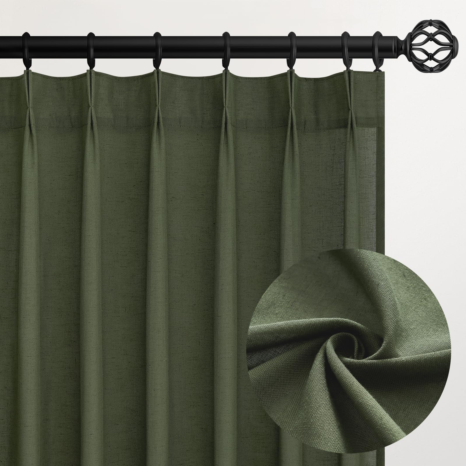 Rideaux semi-transparents coton lin vert olive salon chambre 213cm