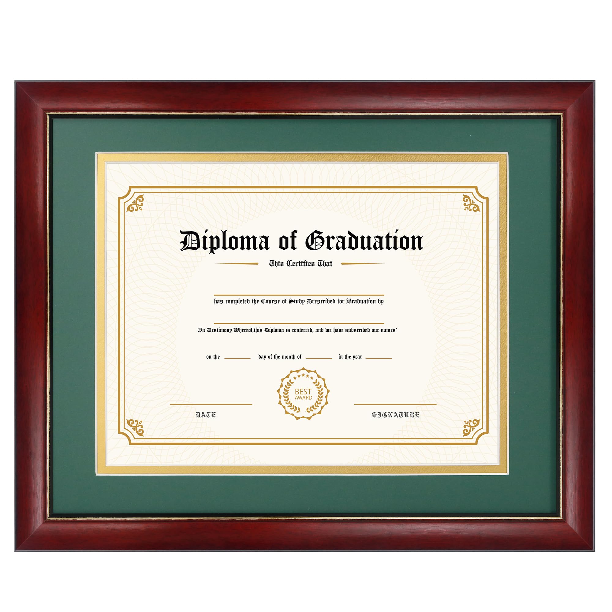GraduatePro 8.5x11 Diploma Frame with Forest Over Gold Mat or Display 11x14 Certificate Without Mat,Solid Wood & UV Protection Acrylic,Cherry Finish with Gold Trim