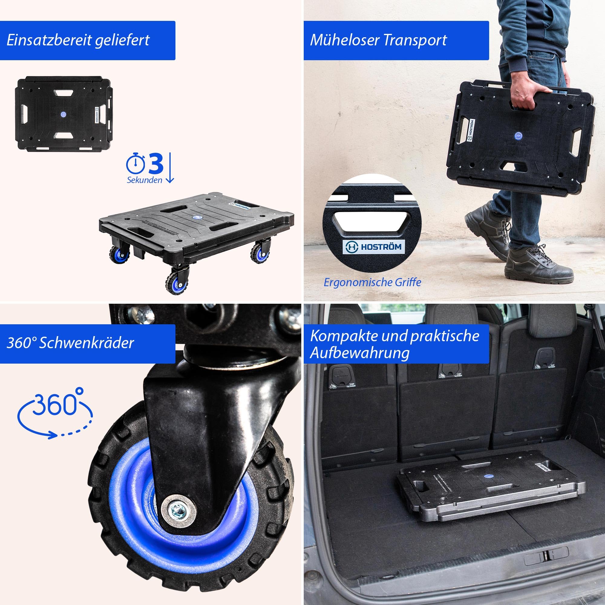 HOSTRÖM Klappbarer Rollwagen, Möbelroller, Umzugshilfe, Möbeltransport, 4 lenkbare 360° Rollen, Max. Tragkraft 136 kg, 5 Jahre Garantie