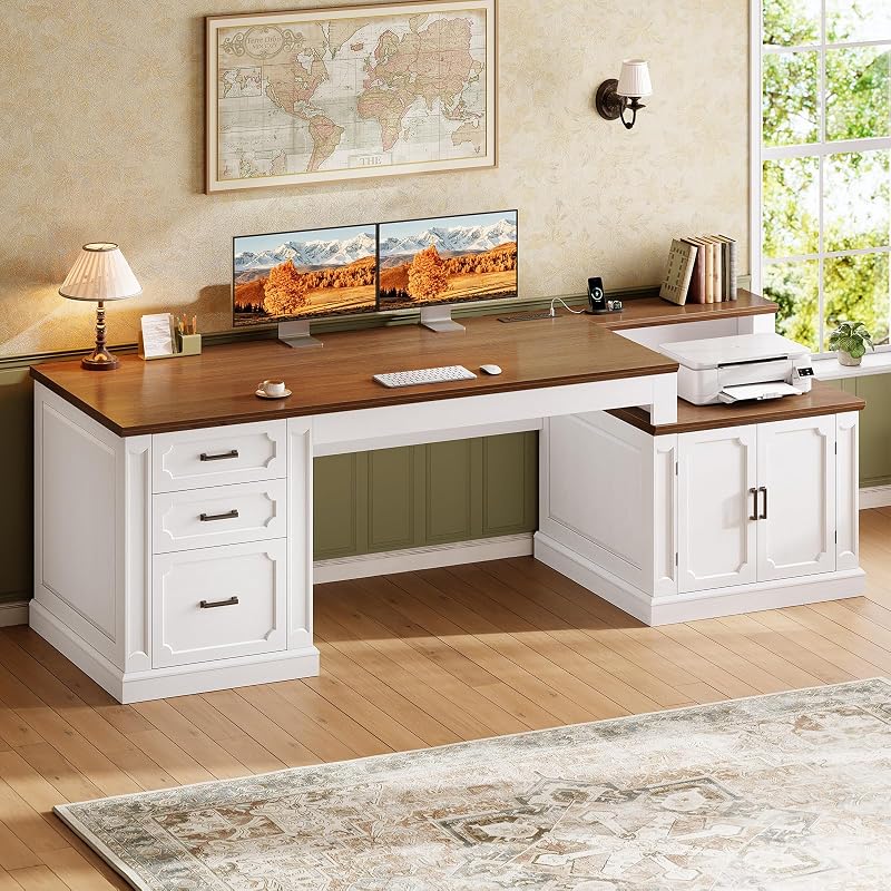 SEDETA Farmhouse 70.9" Executive Desk, Home Office Desk with File Drawers and Storage Cabinet, Computer Desk with Power Outlet for Home Office, Work Study Writing, White+Brown image 3