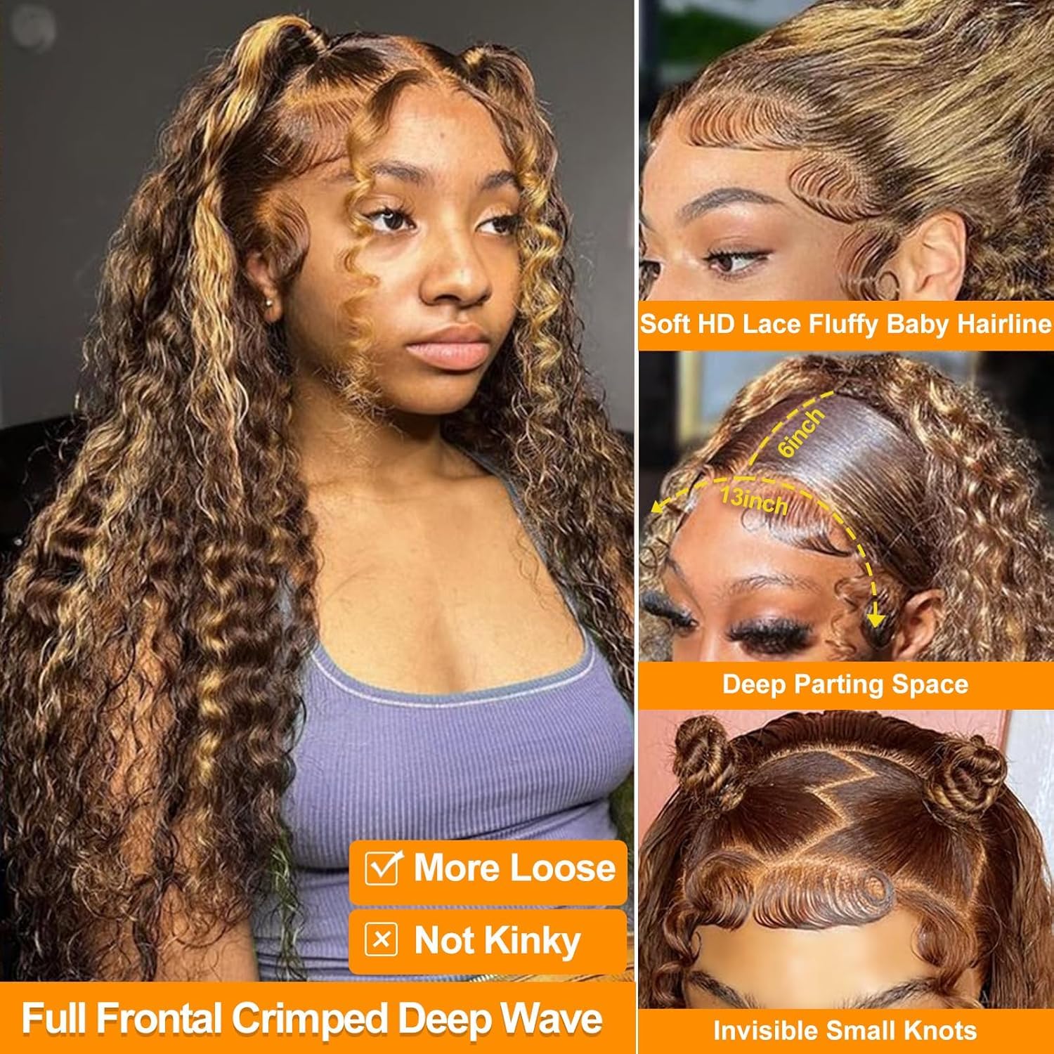 Honey Blonde13X6 Deep Wave Lace Front Wigs Human Hair Highlight Curly Wig Human Hair 4/27 Skunk Stripe Colored Glueless Wig 200% Density Blonde Bronw Lace Frontal Wigs Human Hair Pre Plucked 22Inch