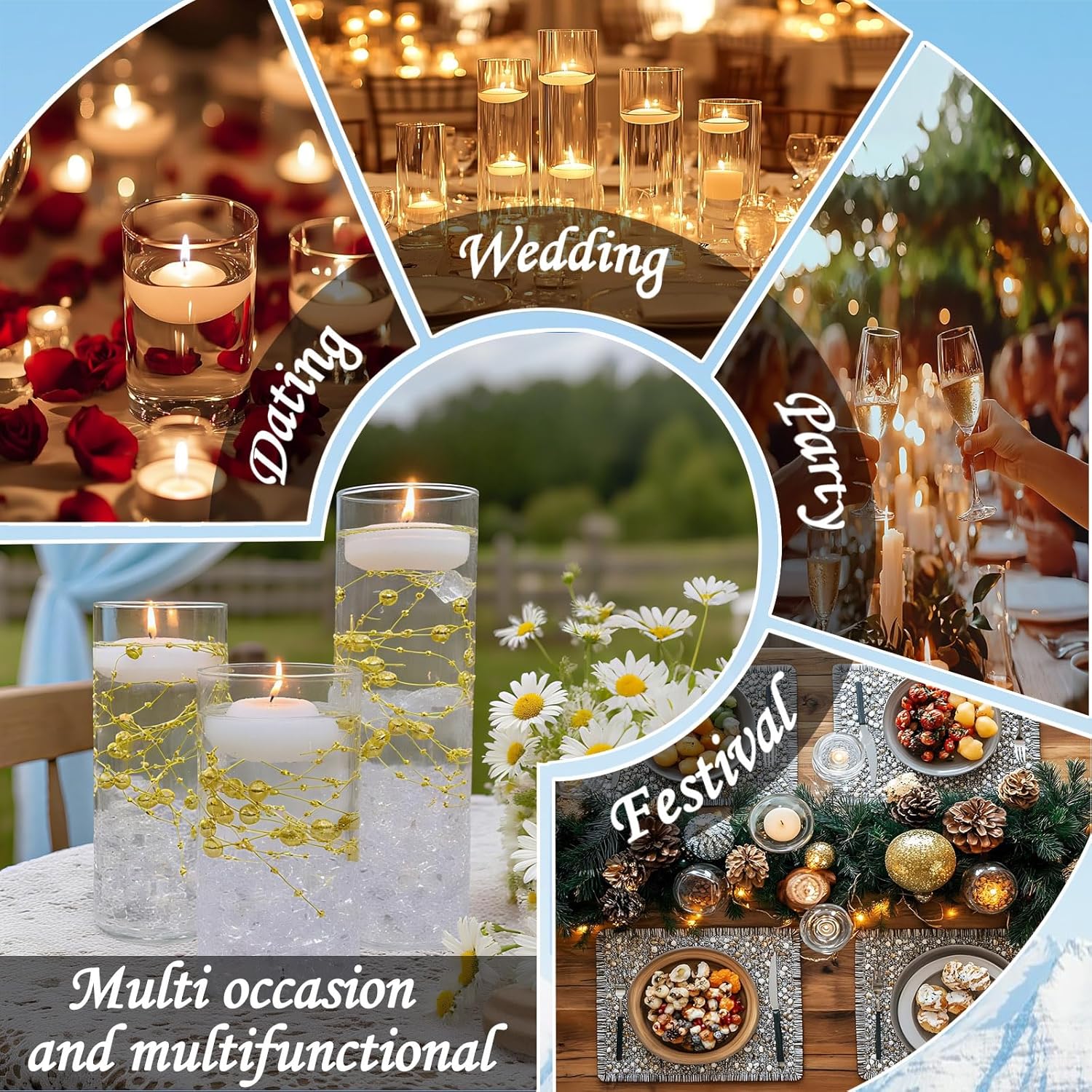 12 PCS Glass Vases for Centerpieces with 24 PCS Floating Candles 12 Pearl Strings and 400 Fake Ice Floating Candle Holder Cylinder Vases for Wedding Home Table Decorations