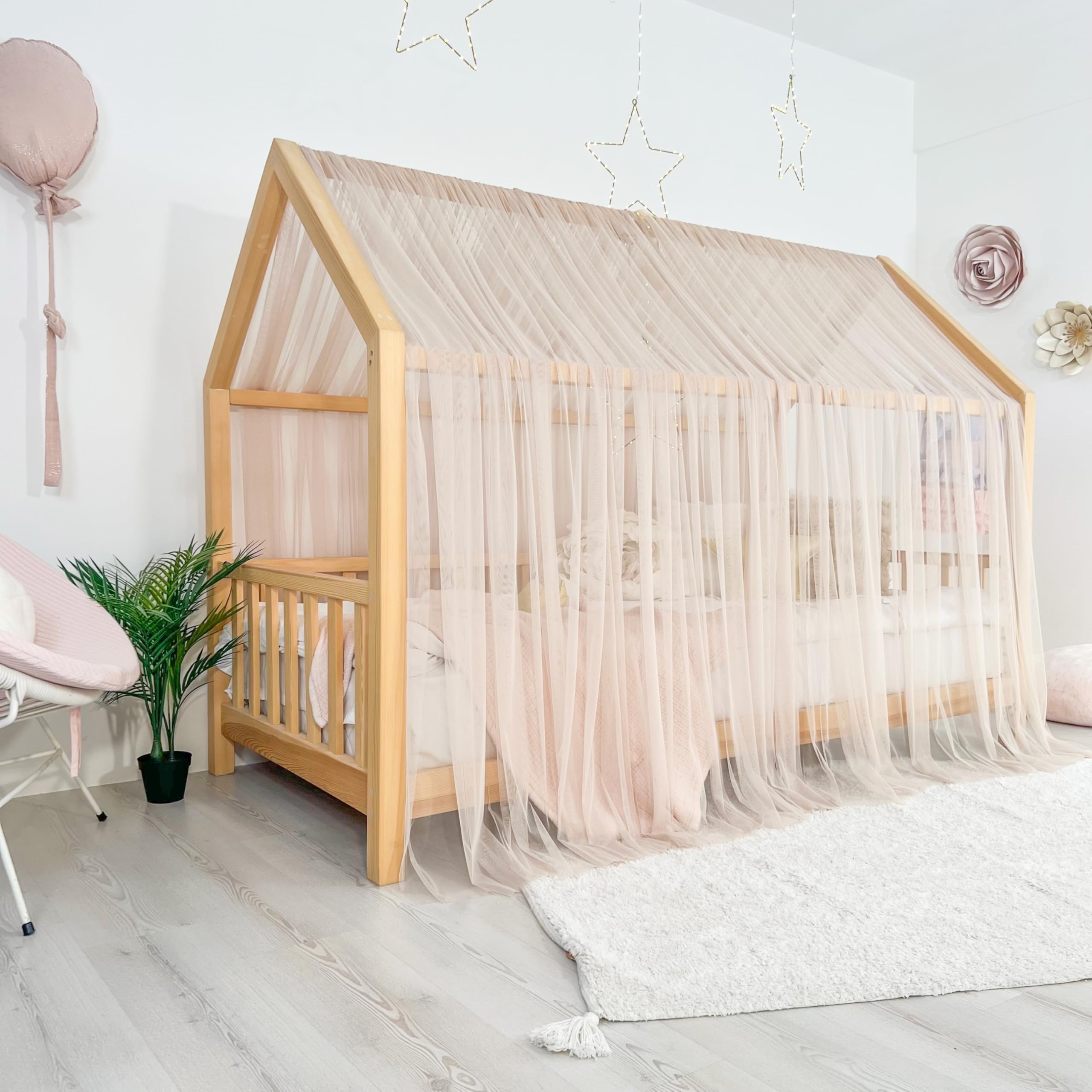 Toldo de cama estilo princesa para niñas, decoración de habitación de niños para camas Montessori, regalo de tul suave para niños pequeños (piedra rosa, 380 cm, juego de 2)