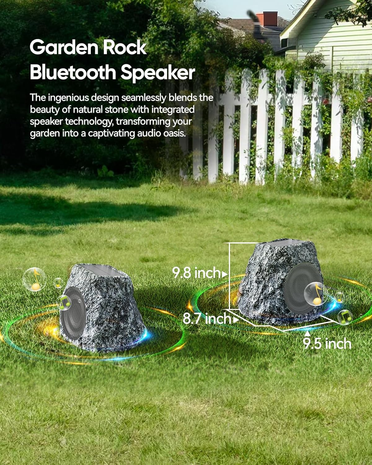 Two BolaButty rock speakers in a garden setting with dimensions