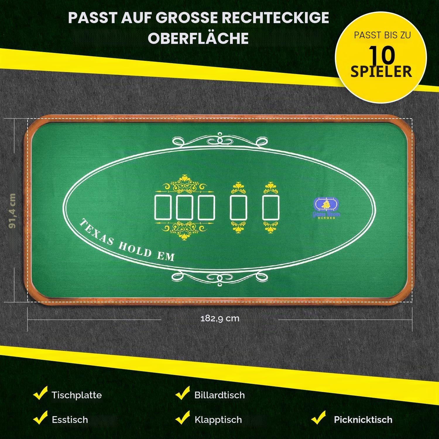 Tabletop Casino Filz-Layout für Texas Holdem Poker und Blackjack – Premium Professional Grade Blackjack und Pokermatte für Mottoparty, Pokernacht, Spendenaktionen & Versammlungen