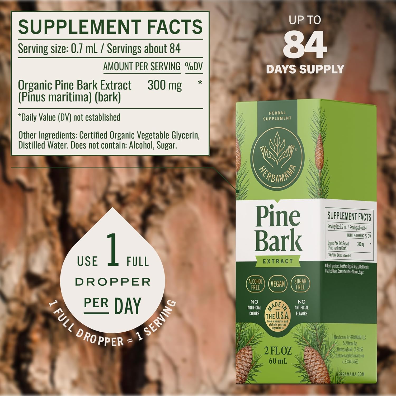 HERBAMAMA Pine Bark Tincture - Vegan Antioxidant Support & Overall Well-Being with French Maritime Pine Bark Extract Drops - Non-GMO, Alcohol & Sugar-Free Pinus Pinaster Supplement, 84-Day Supply - Image 3