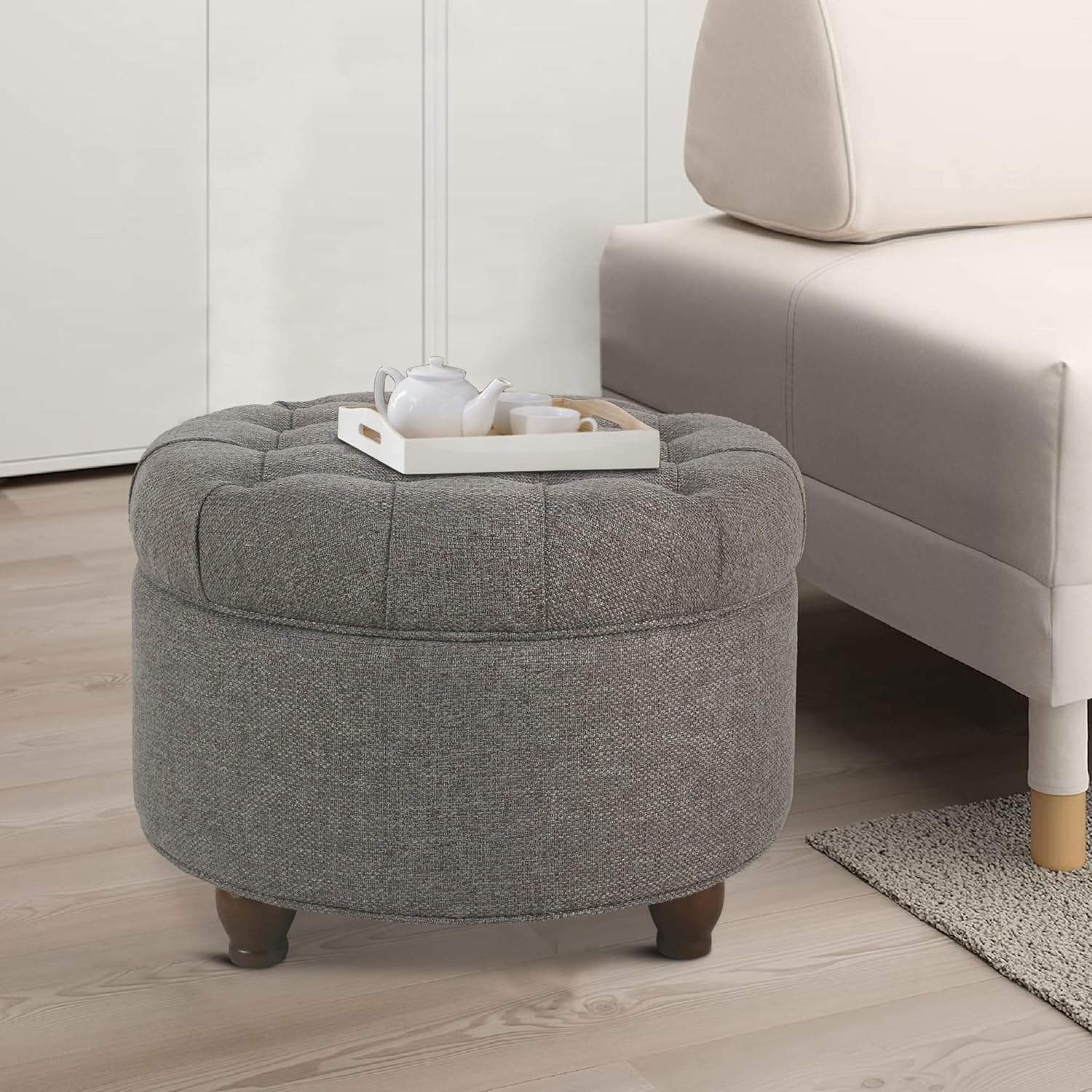 Benjara Wooden Ottoman with Tufted Lift Off Lid Storage, Gray and Brown