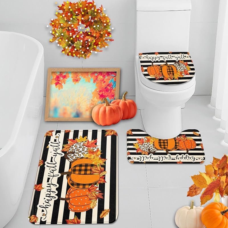 Britimes Bathroom Rug Set of 3, Bath Mats, Fall Pumpkin