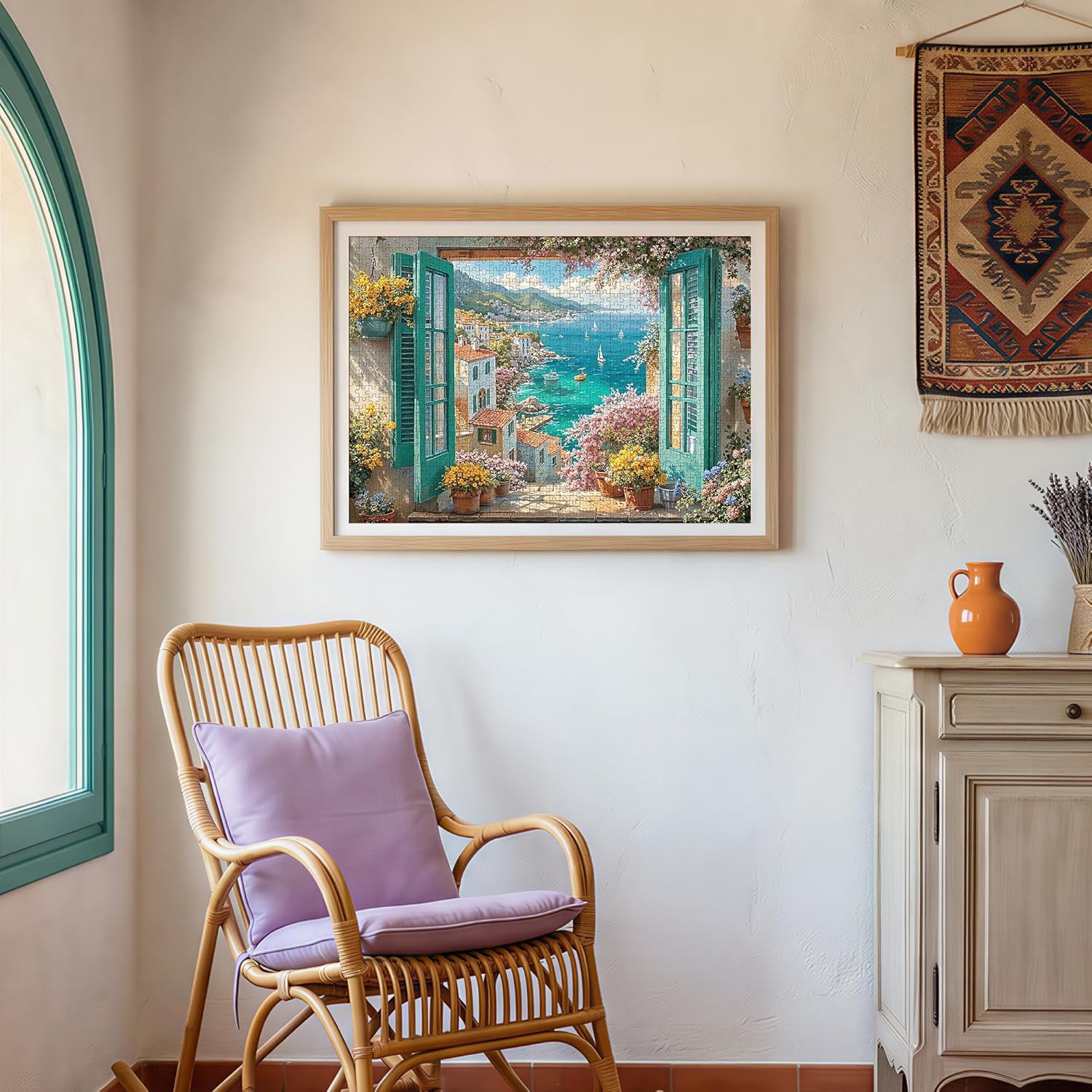 Puzzles for Adults 1000 Pieces, Landscape 1000 Piece Jigsaw Puzzle with Letters on Back, Mediterranean Window View Seaside Scene, Home Decor Gifts for Adult Puzzles, 1:1 Poster, 27.6"x19.7"