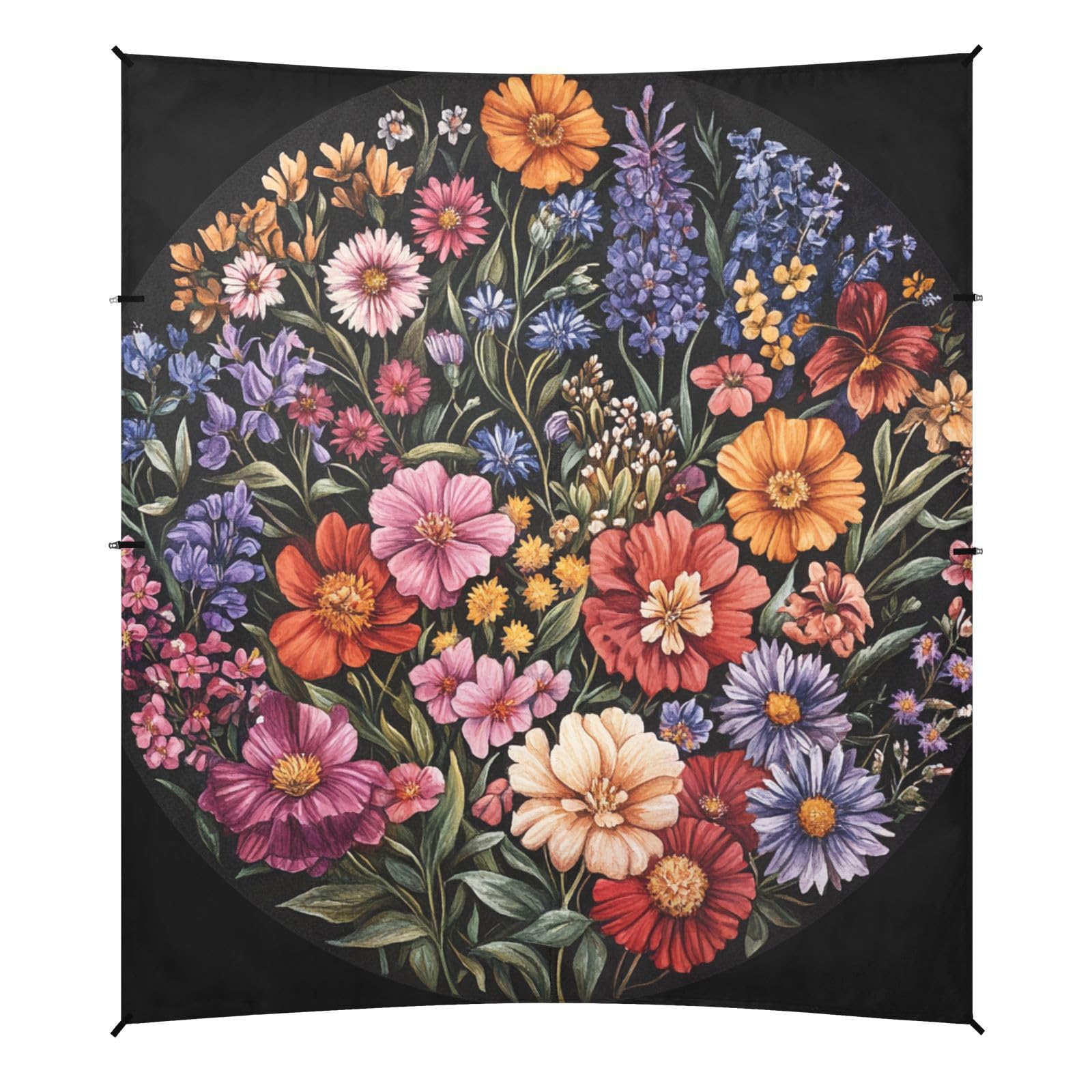 Flowers Orchid Callistephus Basil Black Beach Cabana UPF50+ Protection Waterproof Shade Sun Shelter with Sturdy Poles, Sandbags and Shovel for Family Travel