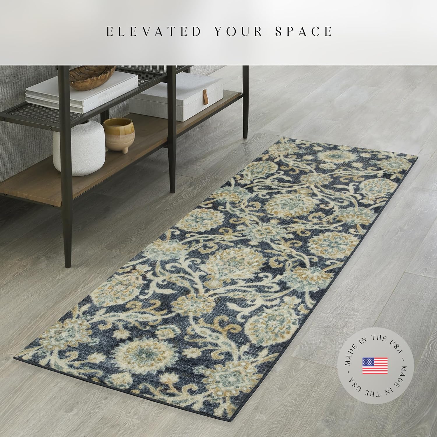 Maples Rugs Blooming Damask Runner Rug - Made in USA – Washable, Non Slip Indoor Carpet for Hallway, Kitchen, and Laundry Room, 2' x 6', Navy/Gold
