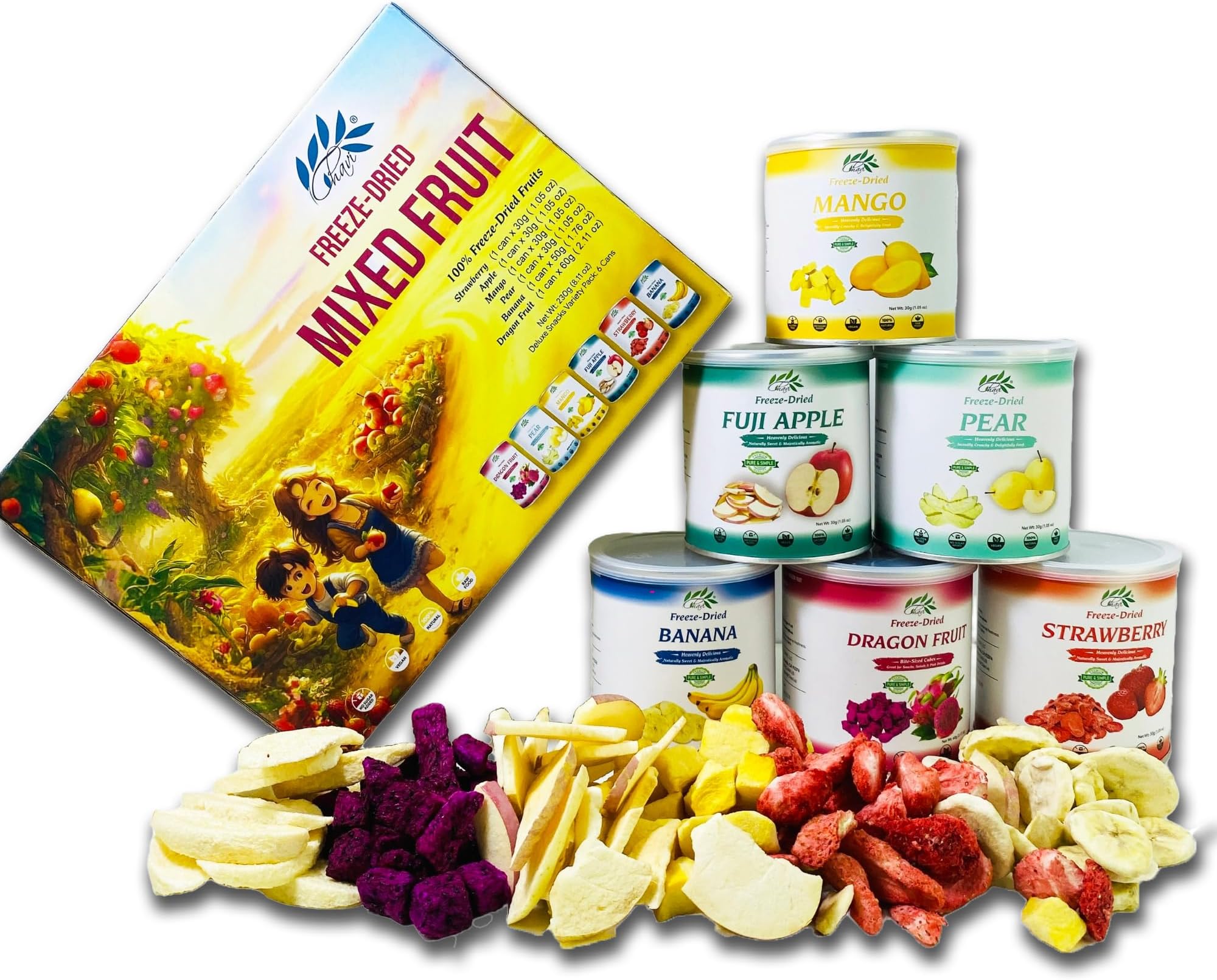 - Freeze Dried Fruits - Mixed | 6 in 1 | No Added Sugars or Preservatives - Non-GMO, Vegan, Gluten-Free | Gift Box | 230 g | 8.1 oz | 6 Cans
