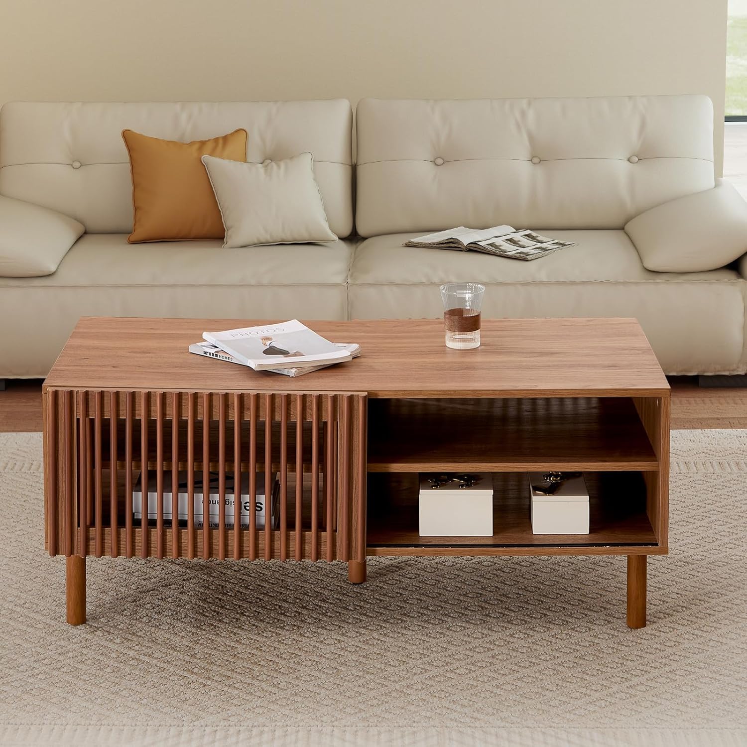 Bonzy Home 44’’ Mid Century Modern Coffee Table with Storage, Wood Center Table with Sliding Door and Open Shelves for Living Room (Walnut)