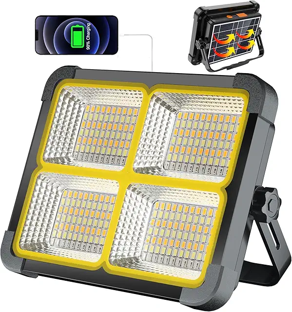 Imagen relacionada con Foco LED Recargable 100W, Foco LED Bateria 336 LEDs/Panel Solar/ 4 Modos de Luz/Batería Externa de 12000mAh/ Base Magnética, Ideal para Camping, Trabajo, Pesca, Color Negro