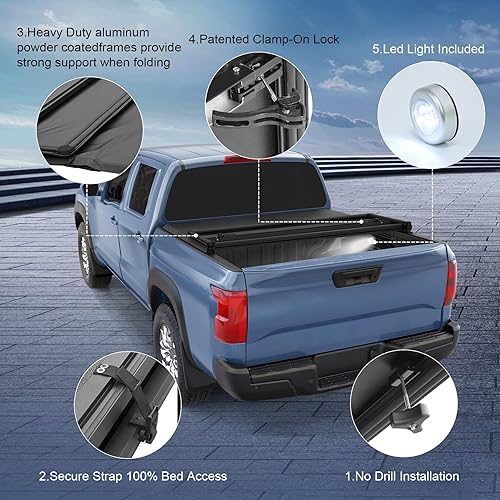 Vista 4 de CARMOCAR Cubierta suave de tres pliegues para caja de camioneta de 5 pies, repuesto para Nissan Frontier 2005-2024, accesorios con luz LED