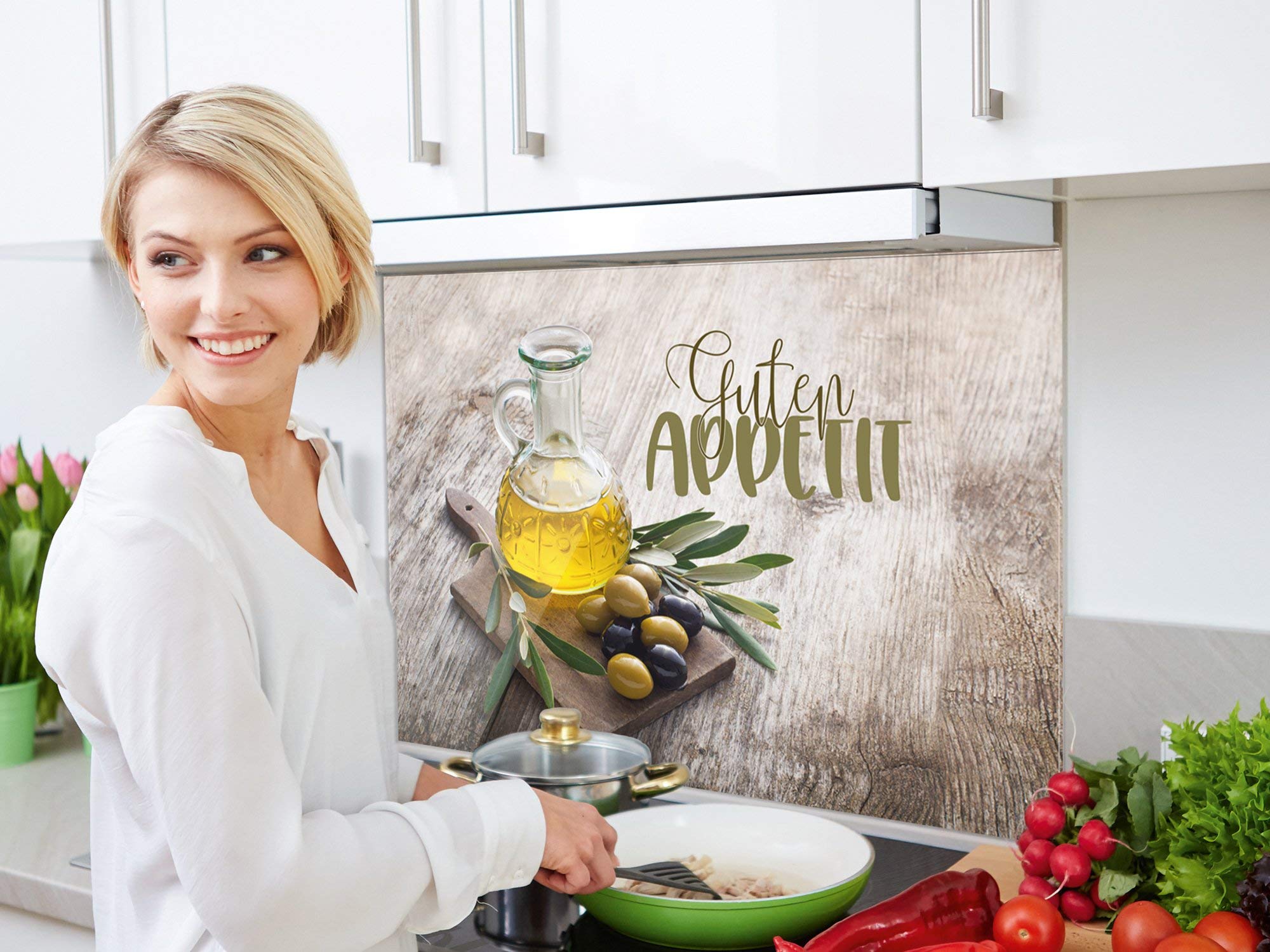 GRAZDesign Spritzschutz Küche Glas Guten Appetit mit Olivenzweig braun, Küchenrückwand Rückwand 80x60cm