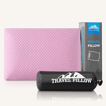Travel Pillow Memory Foam Pillows, Camping Pillow-Compressible Medium Firm, Breathable Cover, Ideal Backpacking Hiking, Bed Pillows, Airplane and Car Apricot Pink, M