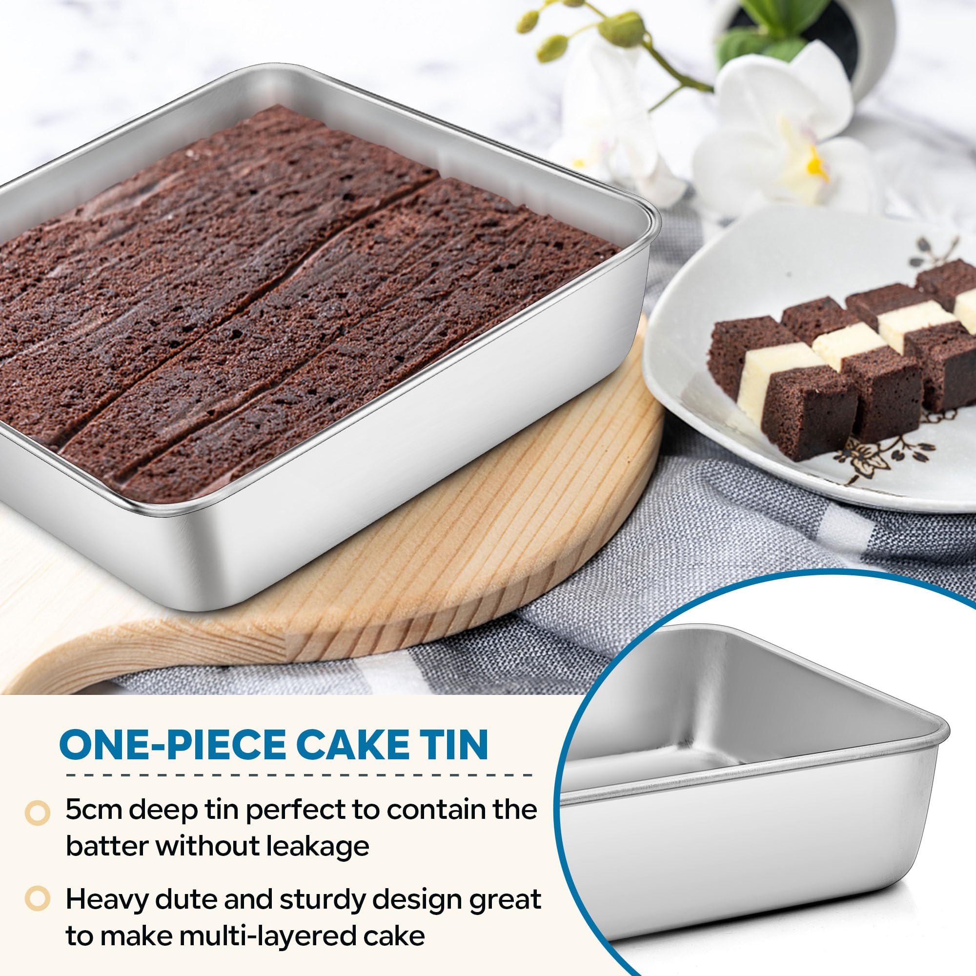 Herogo Tortiera quadrata da 20 cm, in acciaio inox, per arrostire, 21 x 21 x 5 cm, teglia quadrata per brownie, per compleanni, matrimoni, sana e atossica, lavabile in lavastoviglie