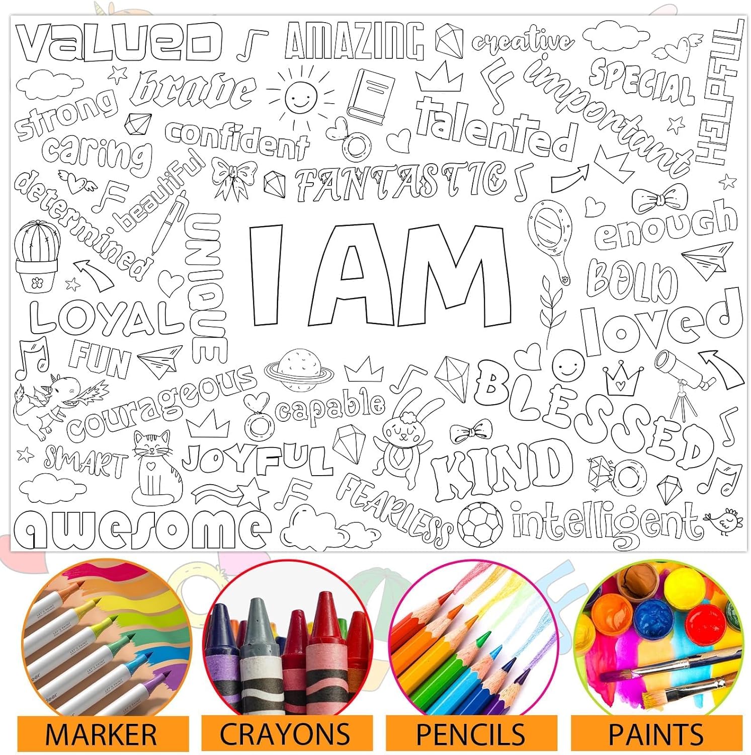 Positive Affirmations Coloring Poster for Children Kids Giant Coloring Poster Large Positive Coloring Tablecloth Jumbo Coloring Books for kids Classroom Home Birthday Party Supplies Favor - Image 3