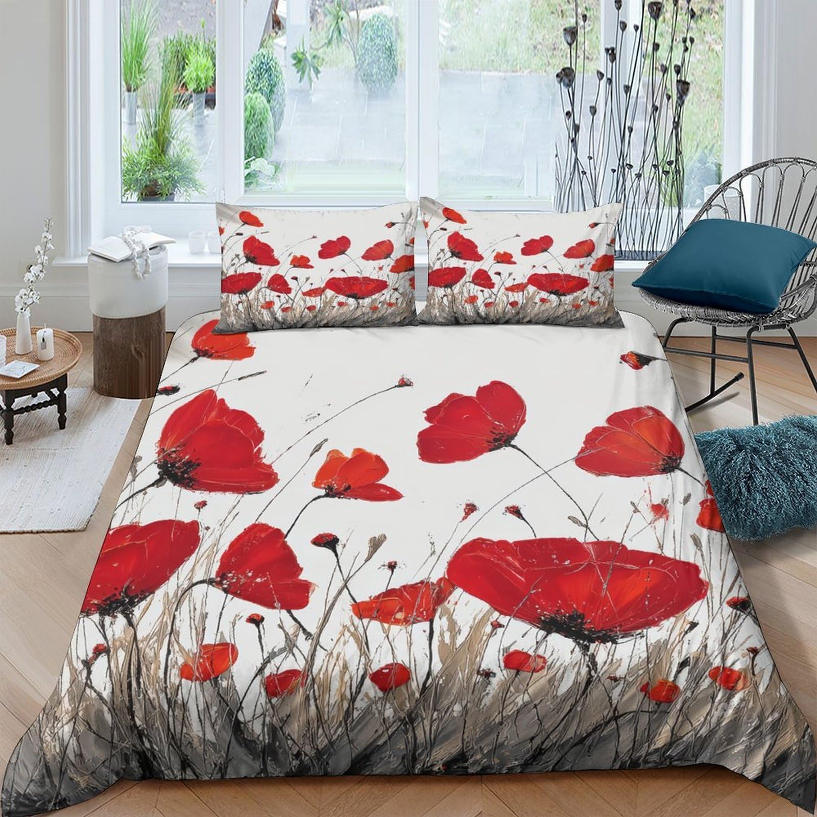GPLZQXKJNH 3D Printed Red Poppy Flower Duvet Cover Microfiber Soft Breathable Wild Meadow Bedding Set with 2 Pillowcases for Bedroom Decor Single（135x200cm）