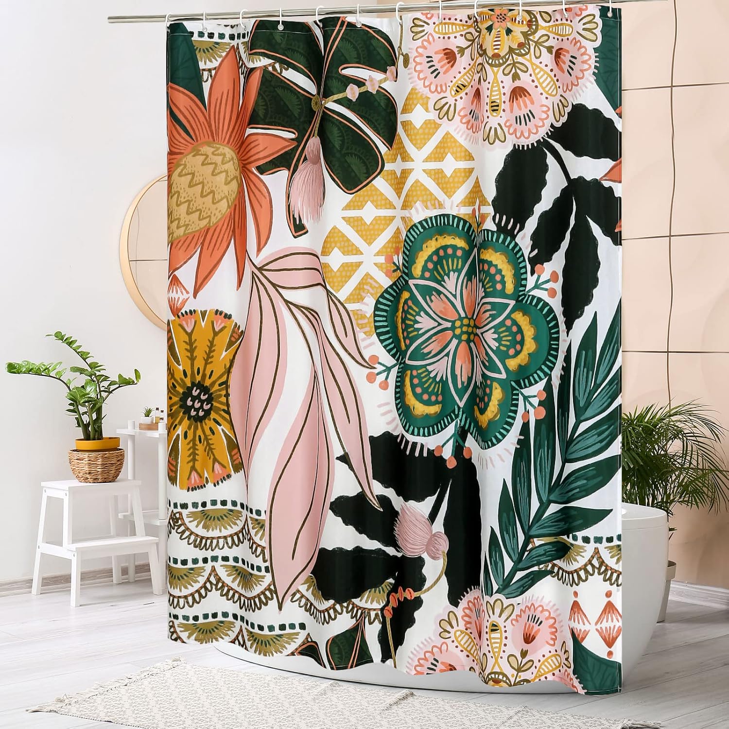 MitoVilla Extra Long Boho Floral Shower Curtain 72 x 84, Vintage Bathroom Shower Curtain with Tropical Leaves, XL Rustic Mid-Century Shower Curtains for Chic Bathroom Decor