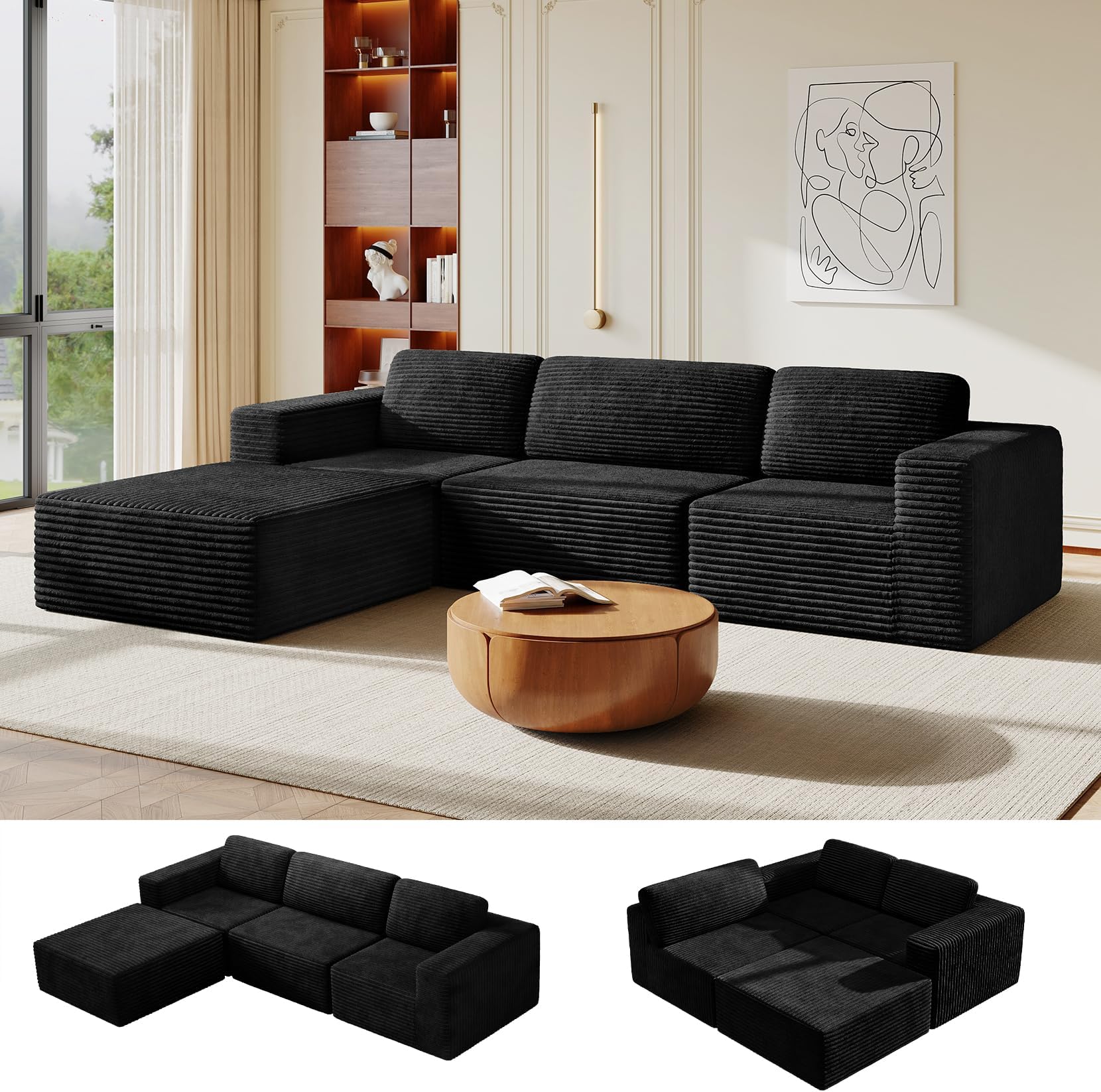 - Vesgantti 119" Oversized Modular Sectional Sofa, Corduroy Cloud Couch with Extra Deep Seats & Spring Support, L-Shaped Boneless Sofa with Movable Ottoman, No Assembly Required, Black