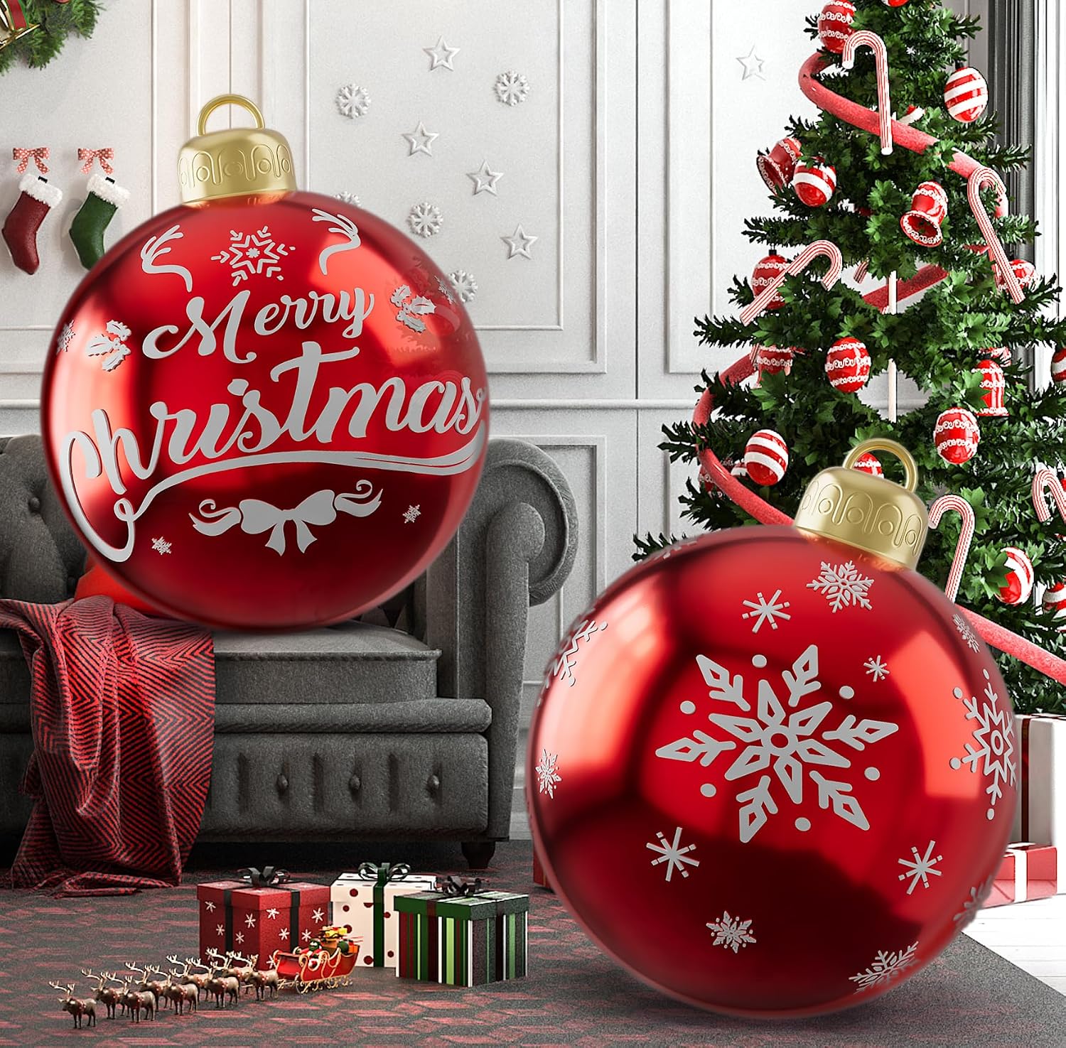 2PCS24 Inch Christmas Ballsgiant Red Outdoor Christmas Ball Ornament PVC Blow up Xmas Ornaments Inflatable Xmas Balls Outdoor Decorations for Outside Holiday Yard Lawn Decor(Red Merry Christmas)