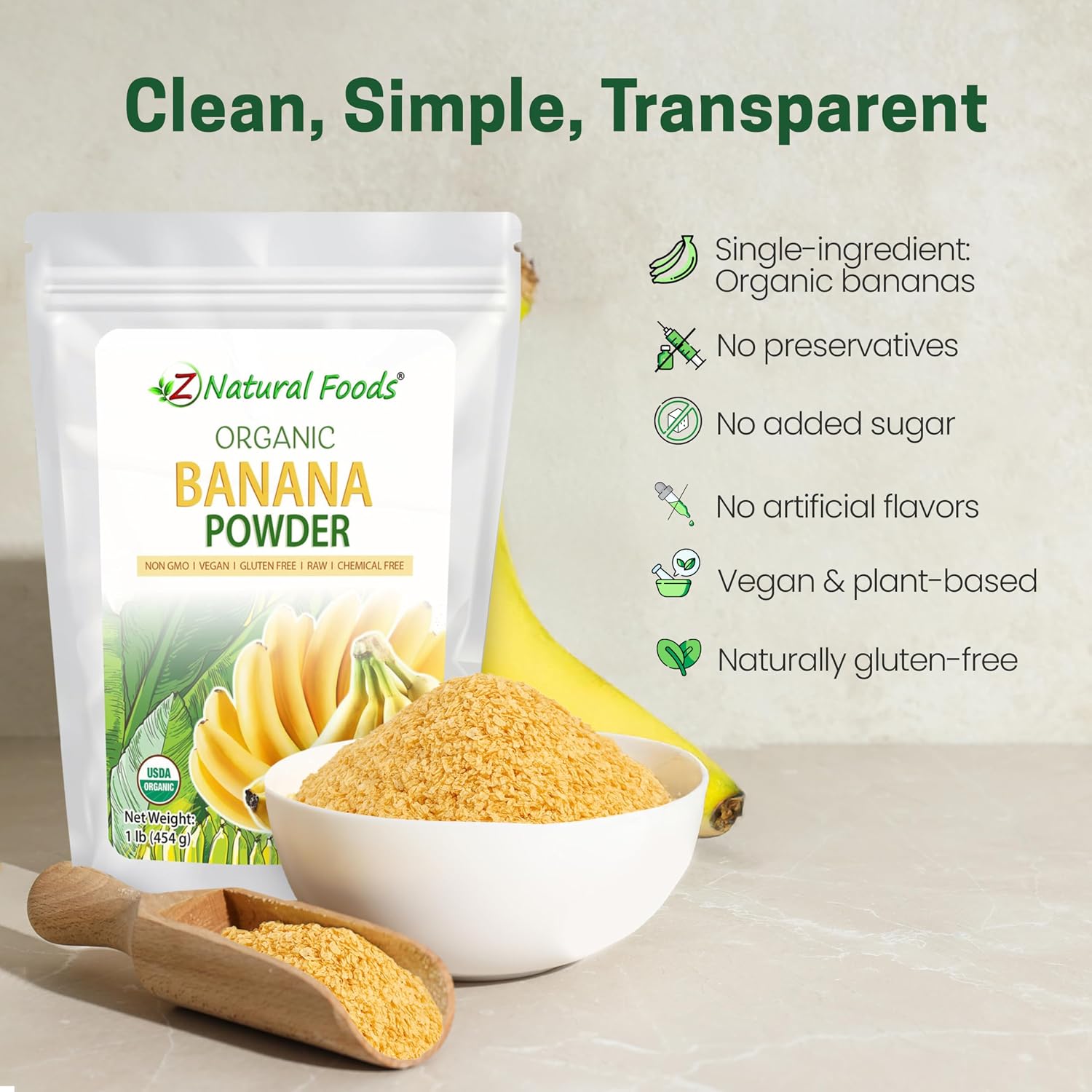 Z Natural Foods Organic Banana Flakes - Crisp Ripe Bananas for Potassium & Fiber Support, Digestive Health, Skin Glow - Natural Flavor & Dried Flake, Mix in Smoothies Yogurt Cereal & Recipes, 1 lb