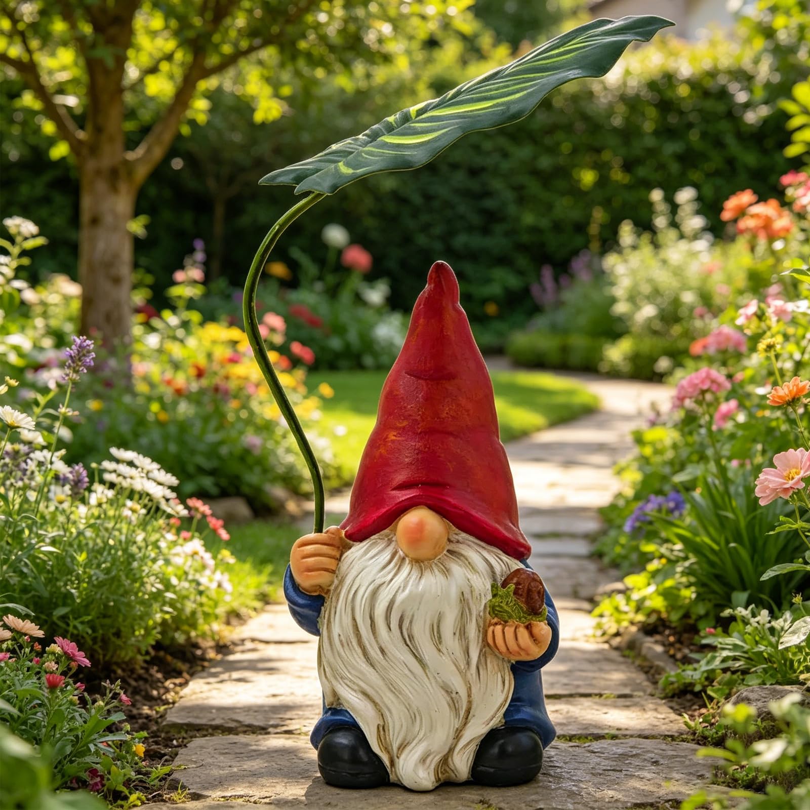 Norhogo 1pcs Garden Gnome Decor, Garden Gnome Statue Decoration with Leaf Umbrella, Outdoor Gnome Garden, Gnomes Garden Statue Ornaments for Indoor Outdoor Home Patio Yard Lawn