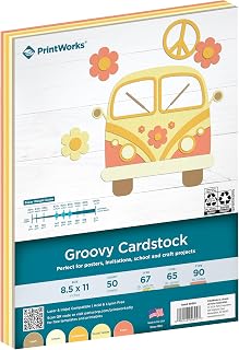 PrintWorks Groovy Cardstock Paper 8.5" x 11" - 50 Sheets - 5 Assorted Kraft & Warm Colors - Ideal for School & Craft Projects - 67, 90, & 65 lb - Made in the USA (00694)
