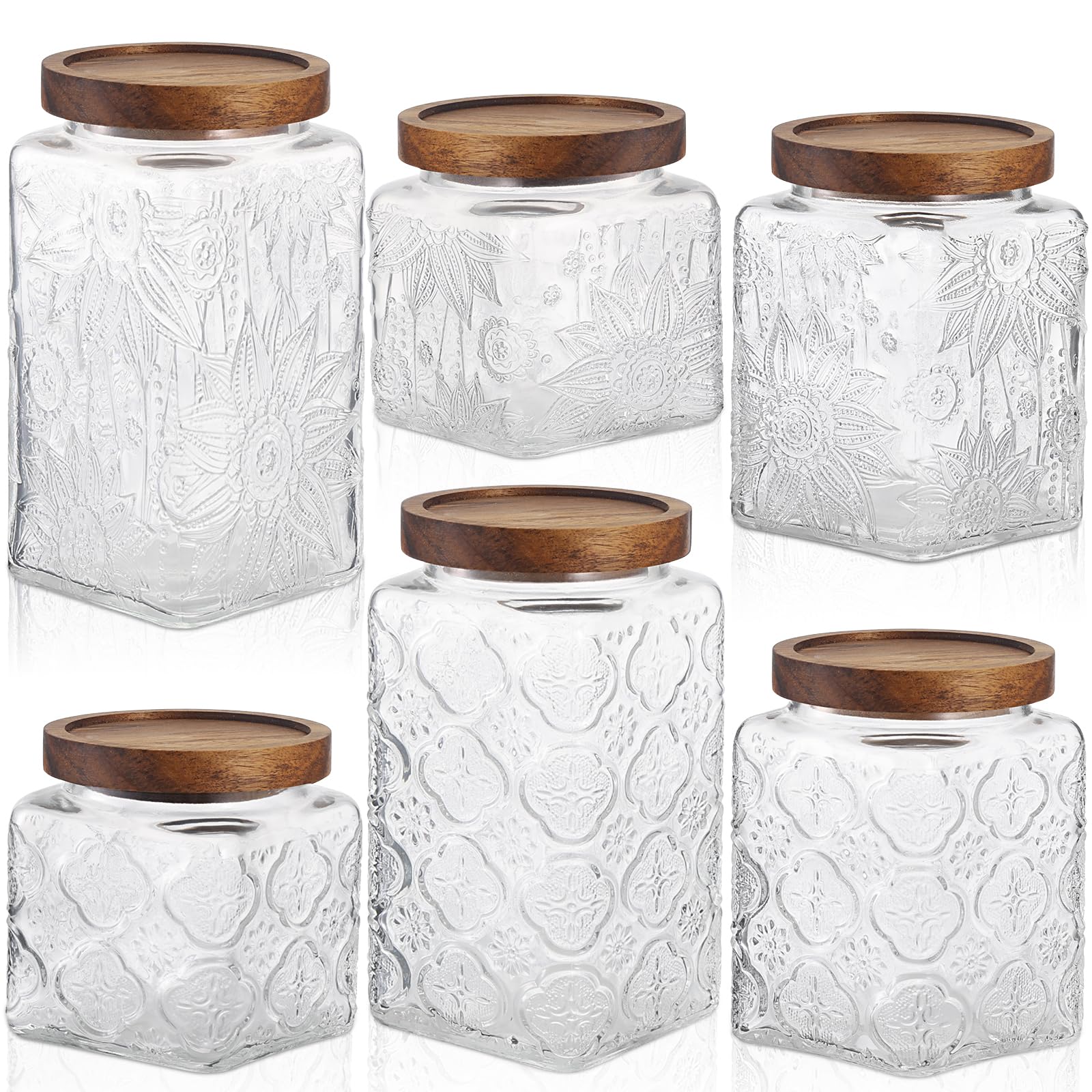 Wenceda Vintage Glass Storage Jar with Acacia Lid, 6 Pack Stackable Glass Canisters Set, Square Mouthed Transparent Glass Storage Jar for Cookie, Nuts, Tea Bag Coffee Ground