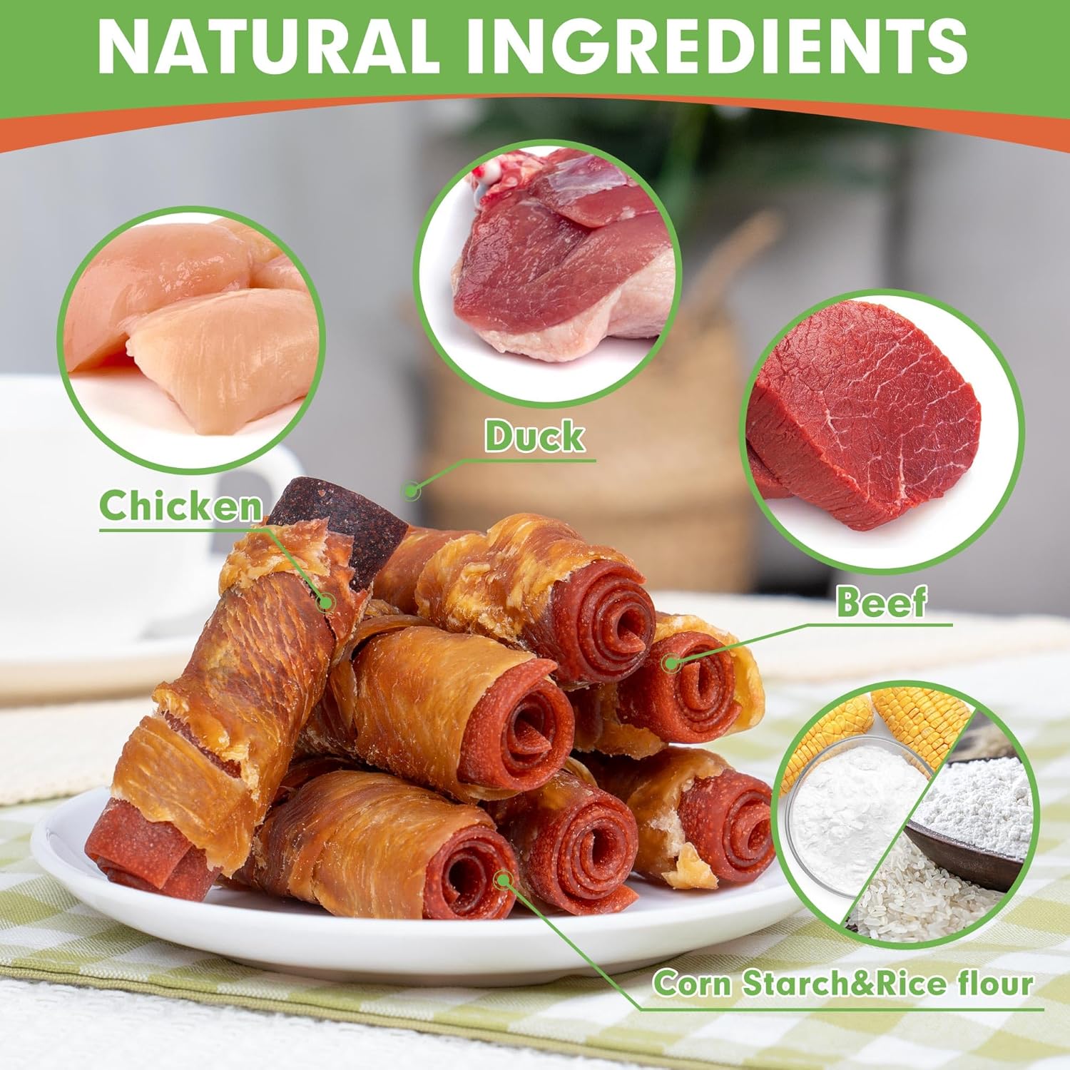 MON2SUN Chicken Jerky 14.11 oz for Small Medium and Large Dogs & 3 Inch Triple Flavor Chicken Wrapped Duck and Beef Rolls 16 Count for Small Dogs